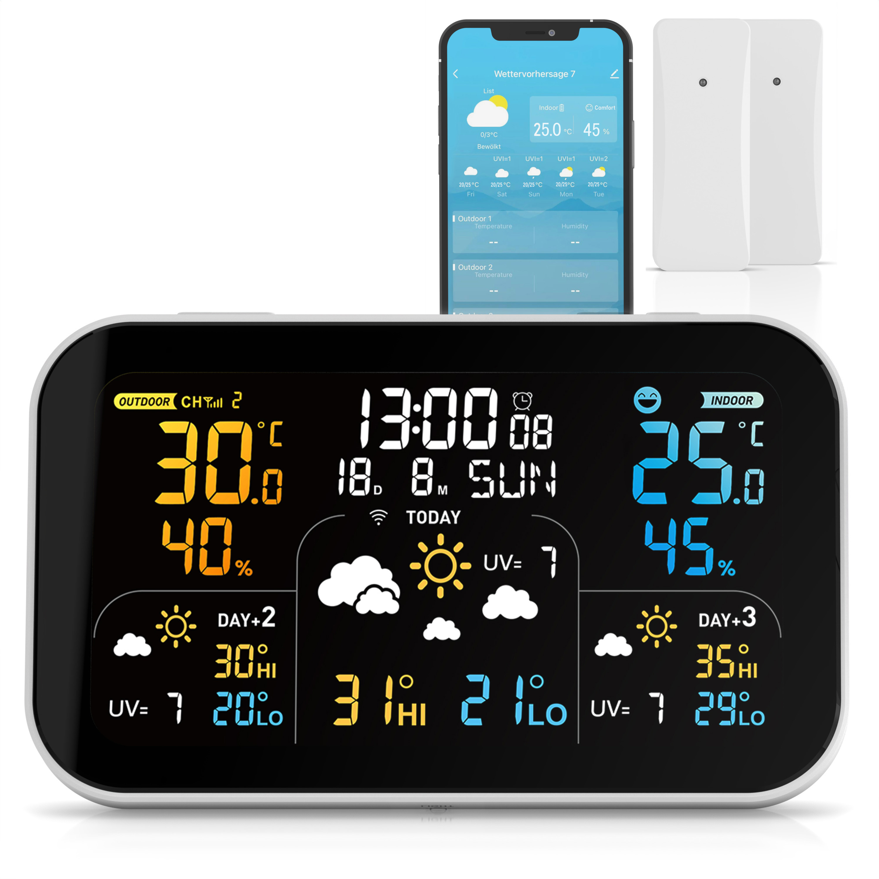 Brandson Wetterstation mit großem Display, zeigt Innen- und Außentemperatur sowie Luftfeuchtigkeit, modernes Design in Schwarz und Weiß.