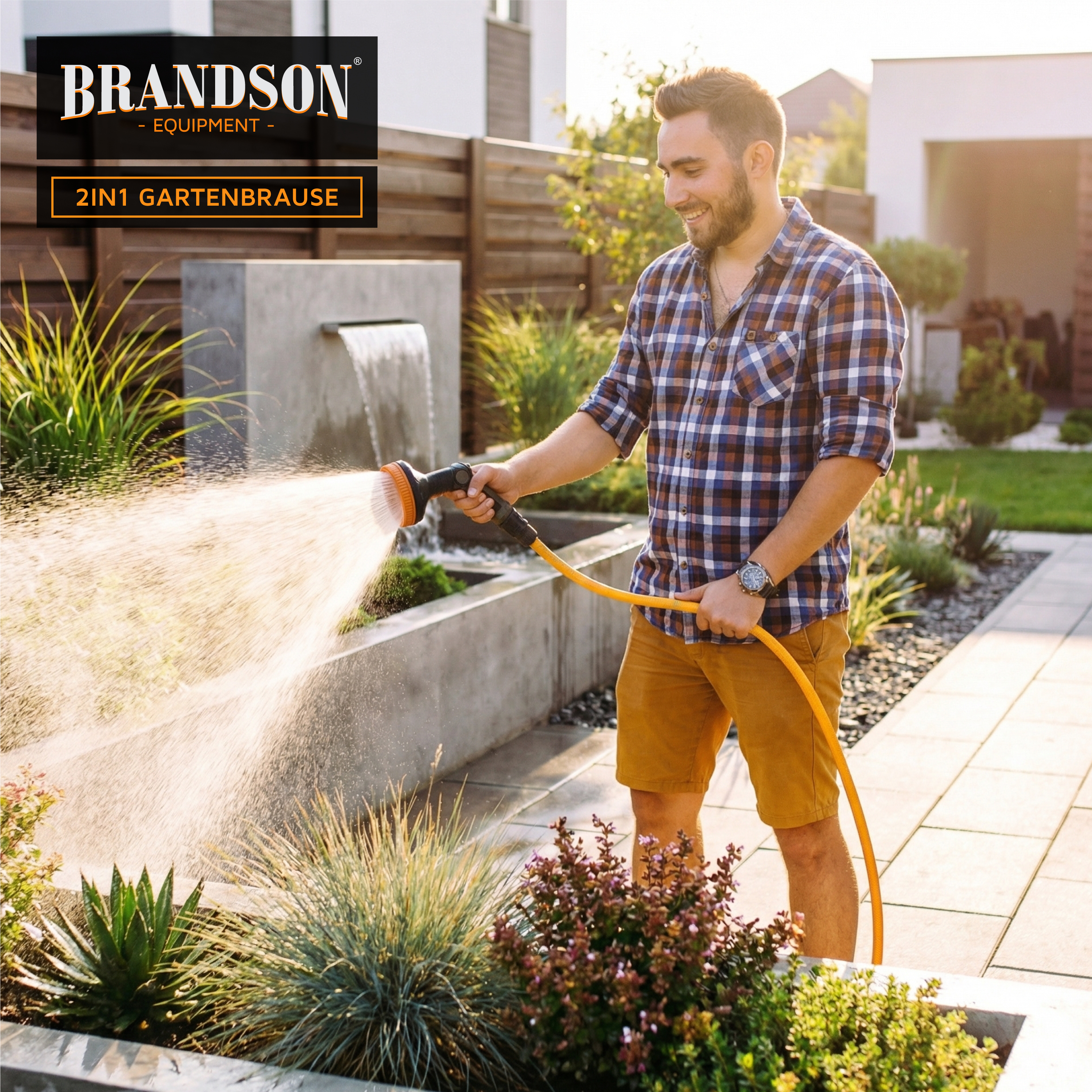 Brandson 2-in-1-Gartensprühdüse, die von einem Mann im Garten verwendet wird, mit ergonomischem Griff und einstellbaren Sprüheinstellungen.