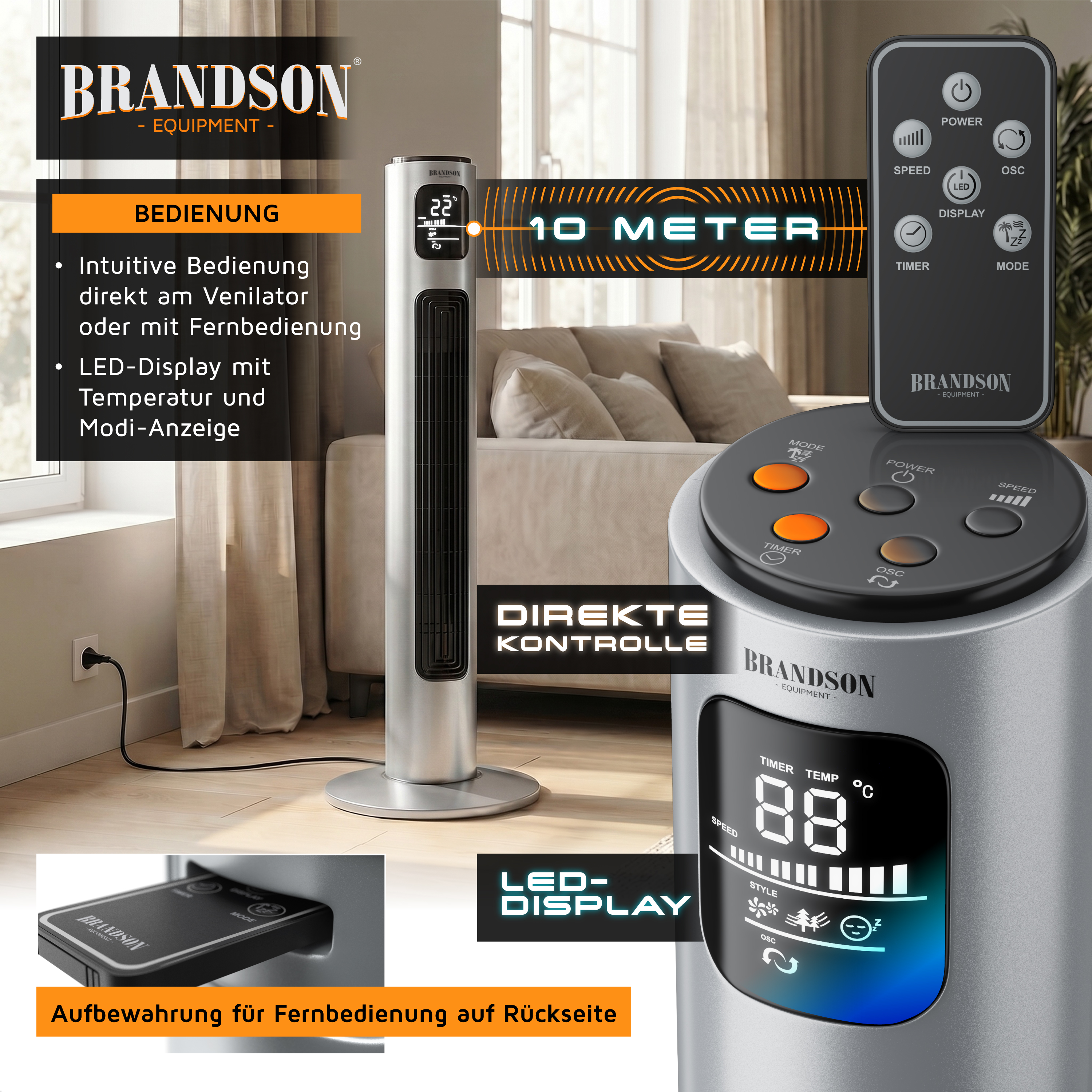 Turmventilator von Brandson mit LED-Anzeige zur Anzeige von Temperatur und Modus, Fernbedienung und elegantem silbernem Design in einem Wohnzimmer.