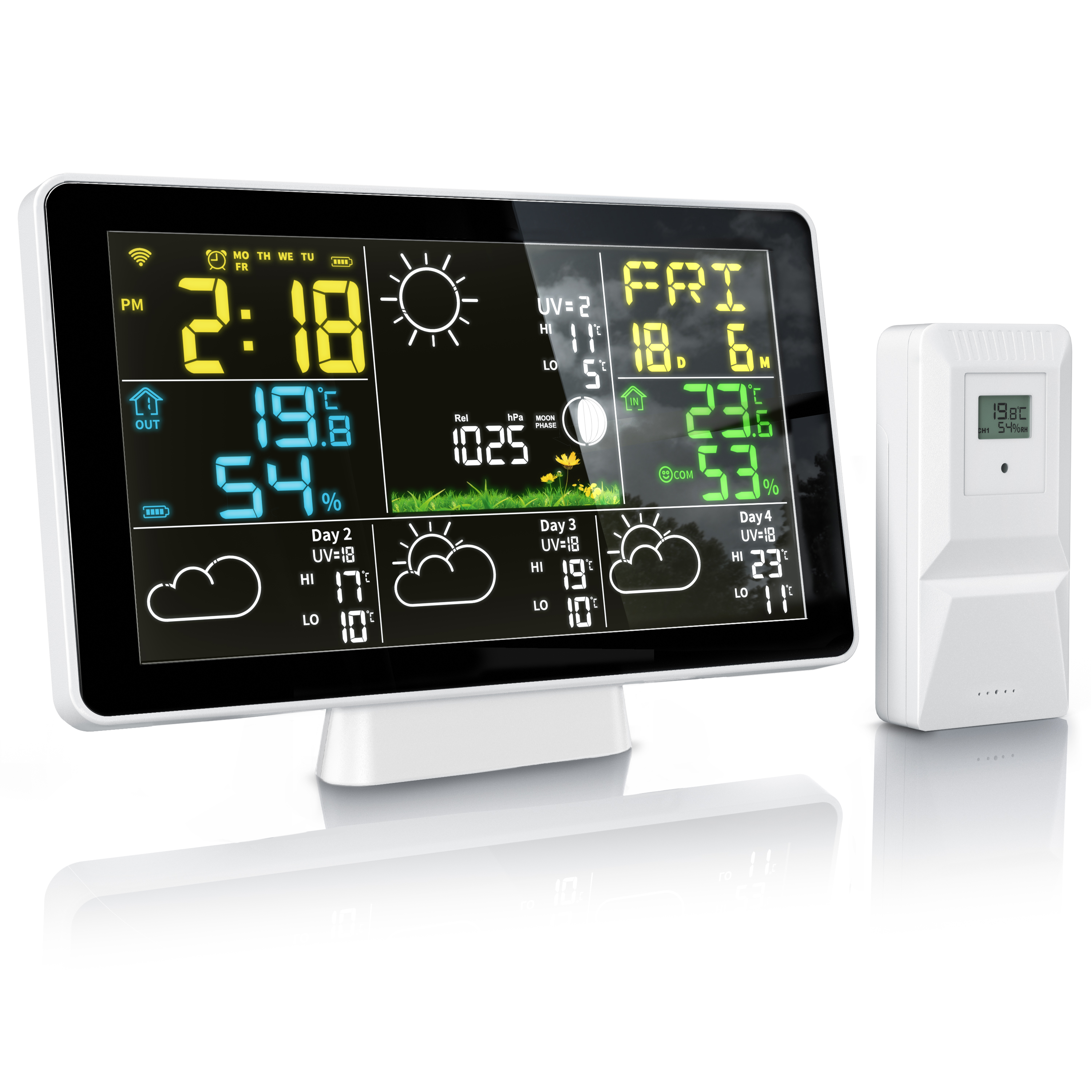 Brandson Wetterstation mit großem, farbigen Display zur Anzeige von Temperatur, Luftfeuchtigkeit und Wettervorhersage, inklusive Außensensor.