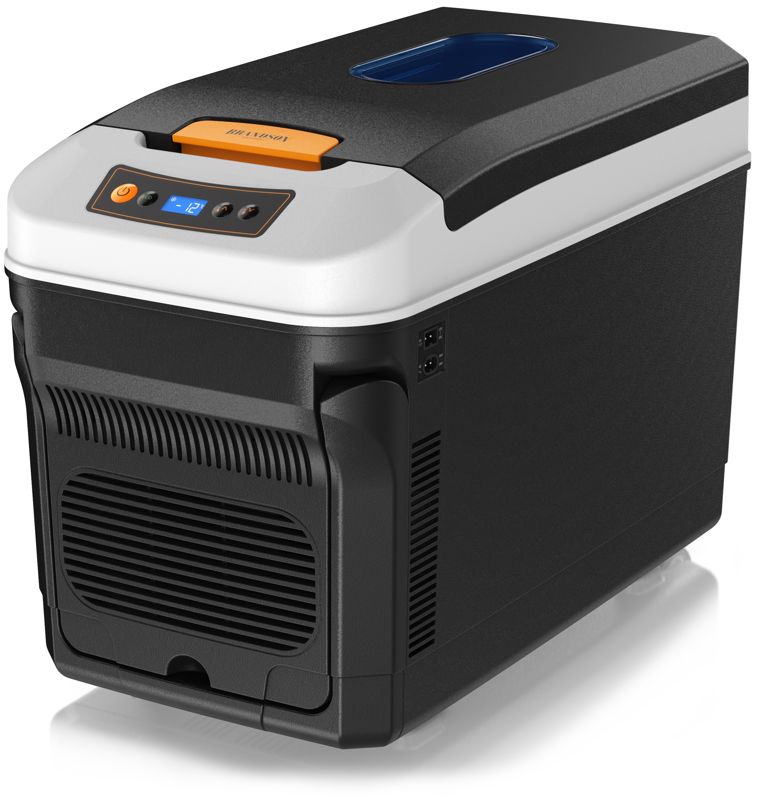 Brandson elektrische Kühlbox in Schwarz mit grauem Deckel, Bedienfeld und Tragegriff, ideal für unterwegs.