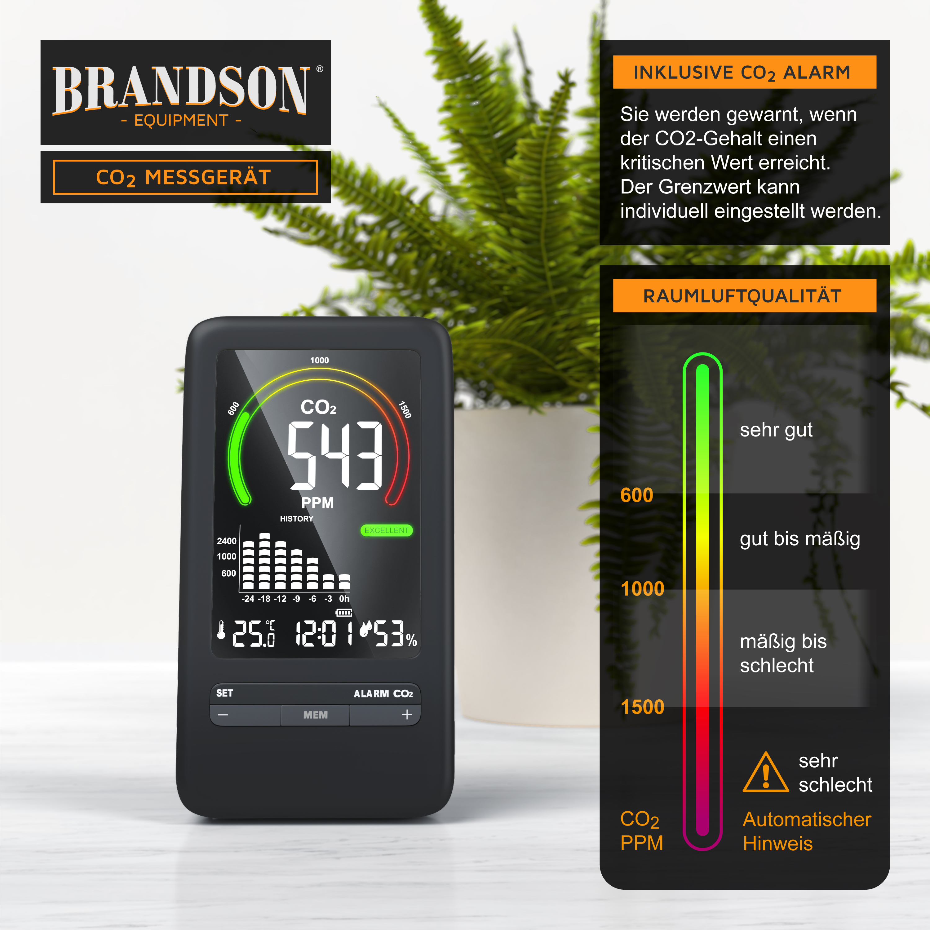 CO2-Messgerät von Brandson mit digitaler Anzeige der CO2-Werte und Luftqualitätsindikatoren im eleganten schwarzen Design.