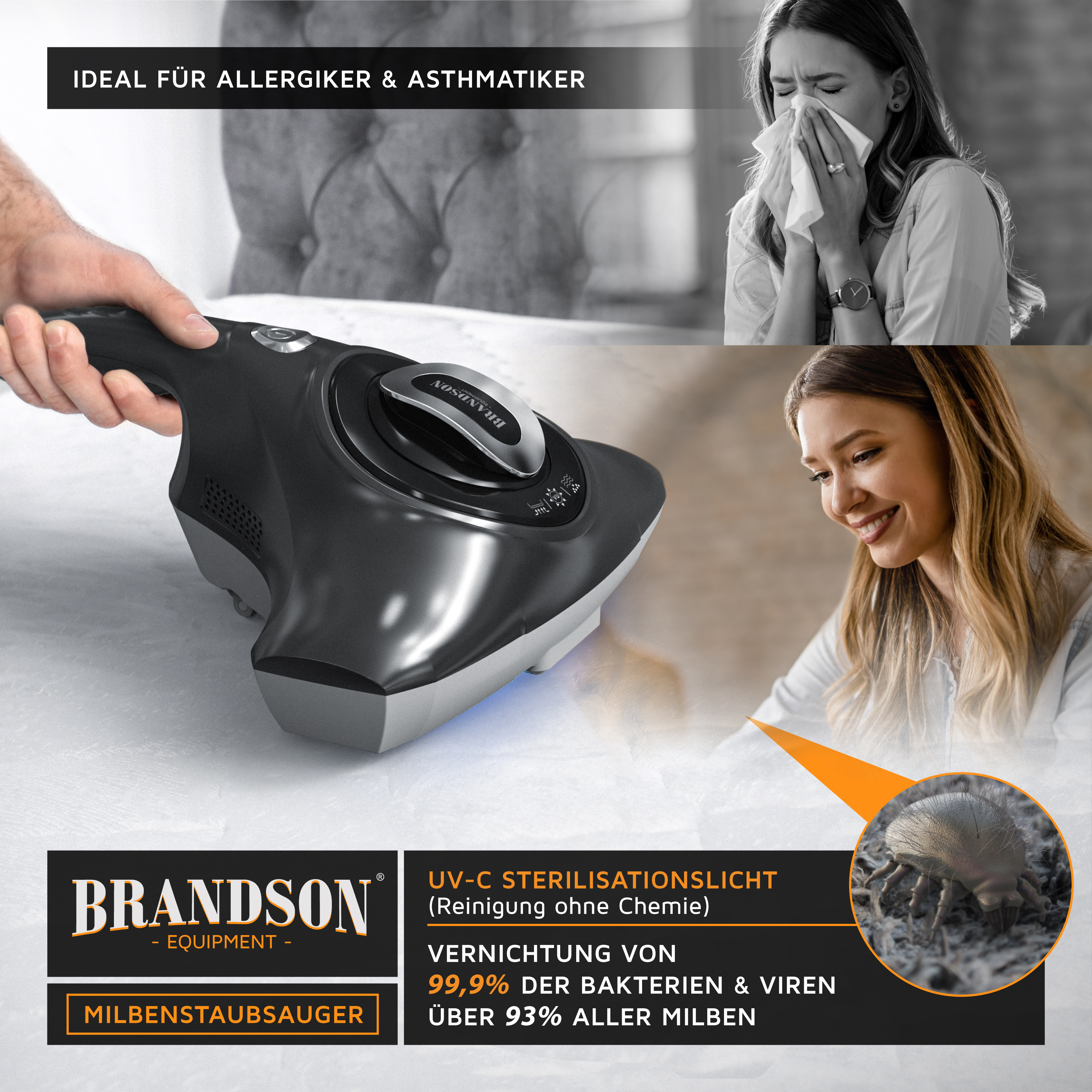 Brandson Milbenstaubsauger mit ergonomischem Griff, UV-C-Sterilisationslicht und Bedienfeld für allergikerfreundliche Reinigung.