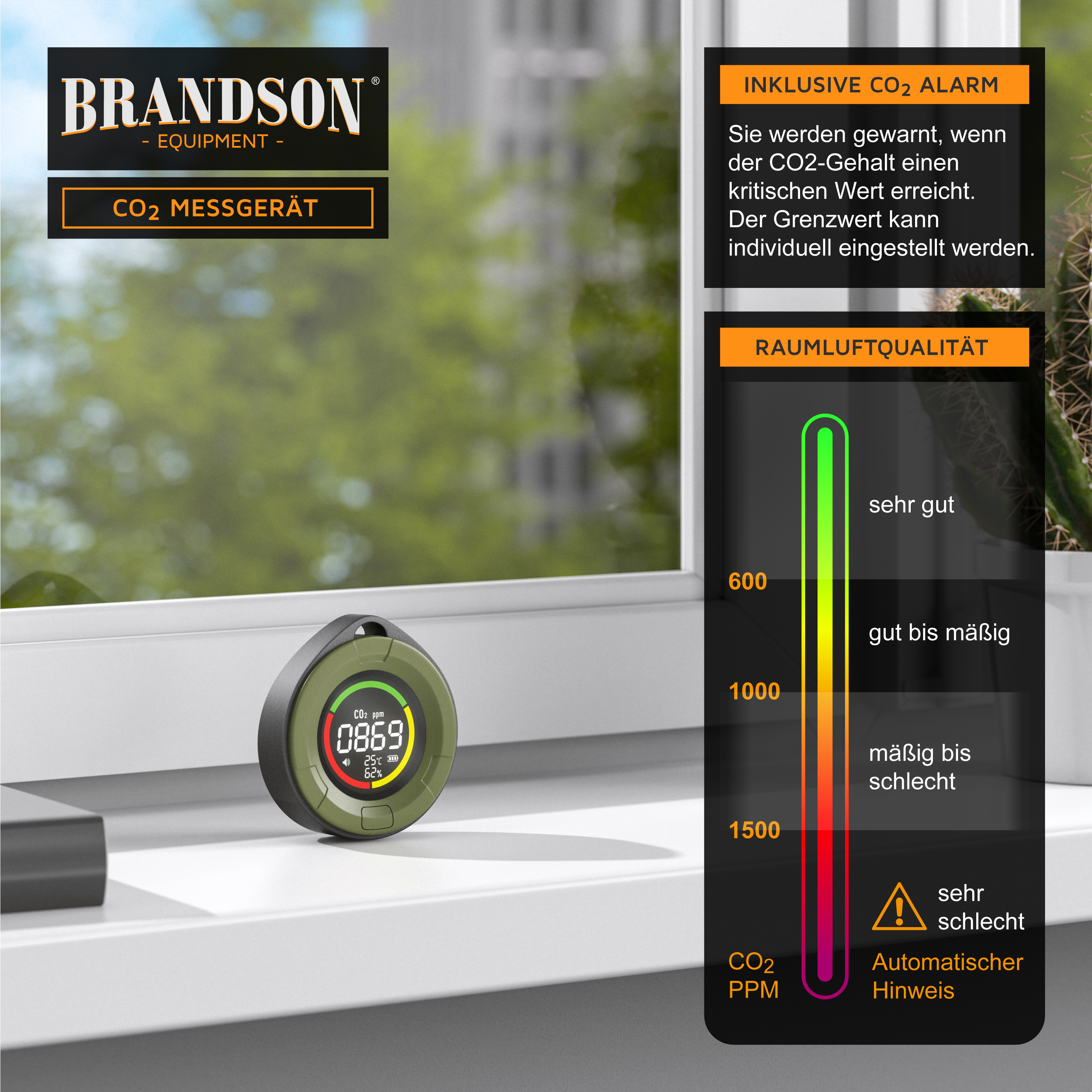 Brandson CO2-Messgerät mit digitalem Display, grünem Gehäuse und Alarmfunktion zur Überwachung der Raumluftqualität.