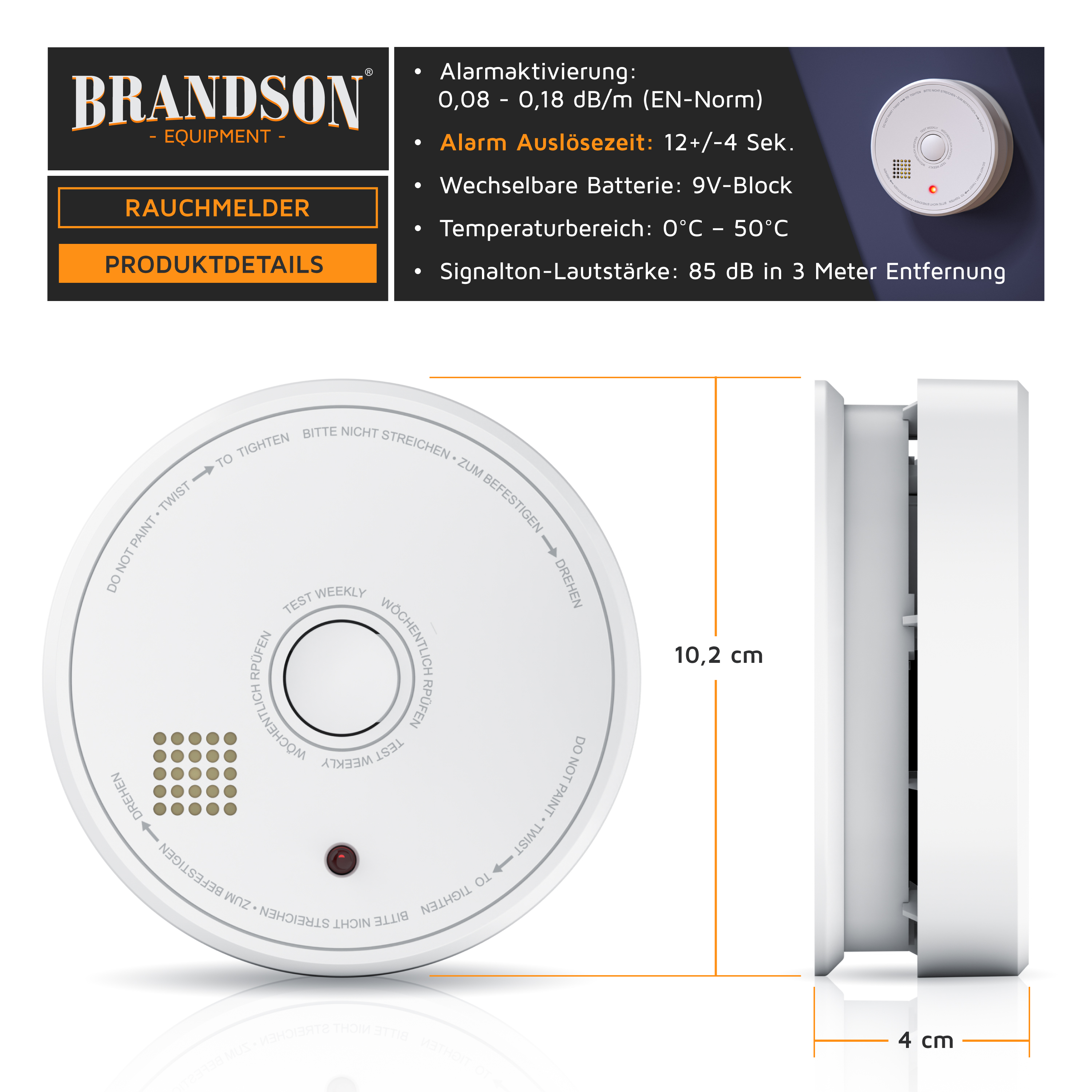 Brandson Rauchmelder in runder Form, weiß, mit Testknopf und akustischem Signalgeber, geeignet für Wand- oder Deckenmontage.