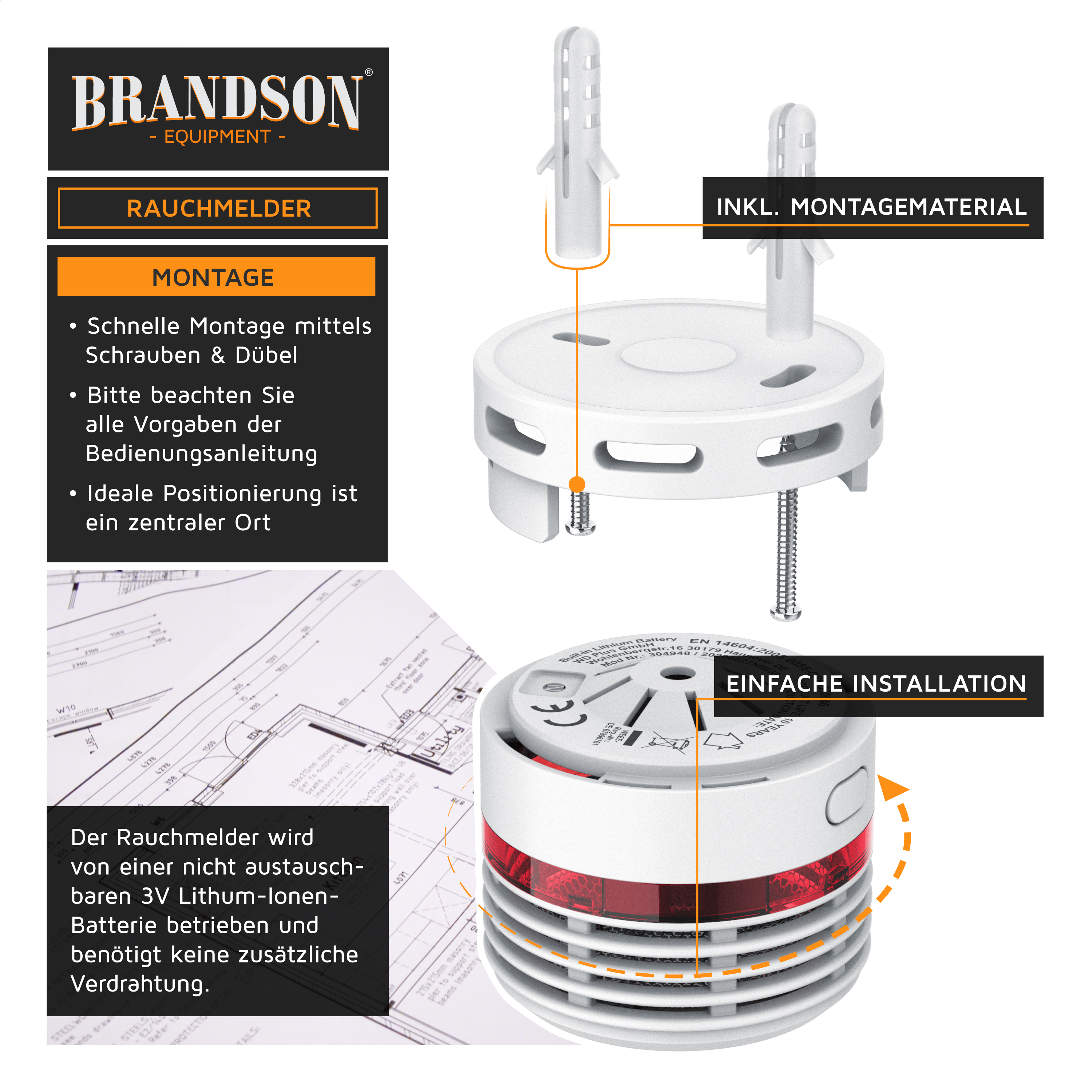 Brandson Rauchmelder in Weiß mit rotem LED-Ring, Montagezubehör und einfacher Installation, ideal für zentrale Positionierung.