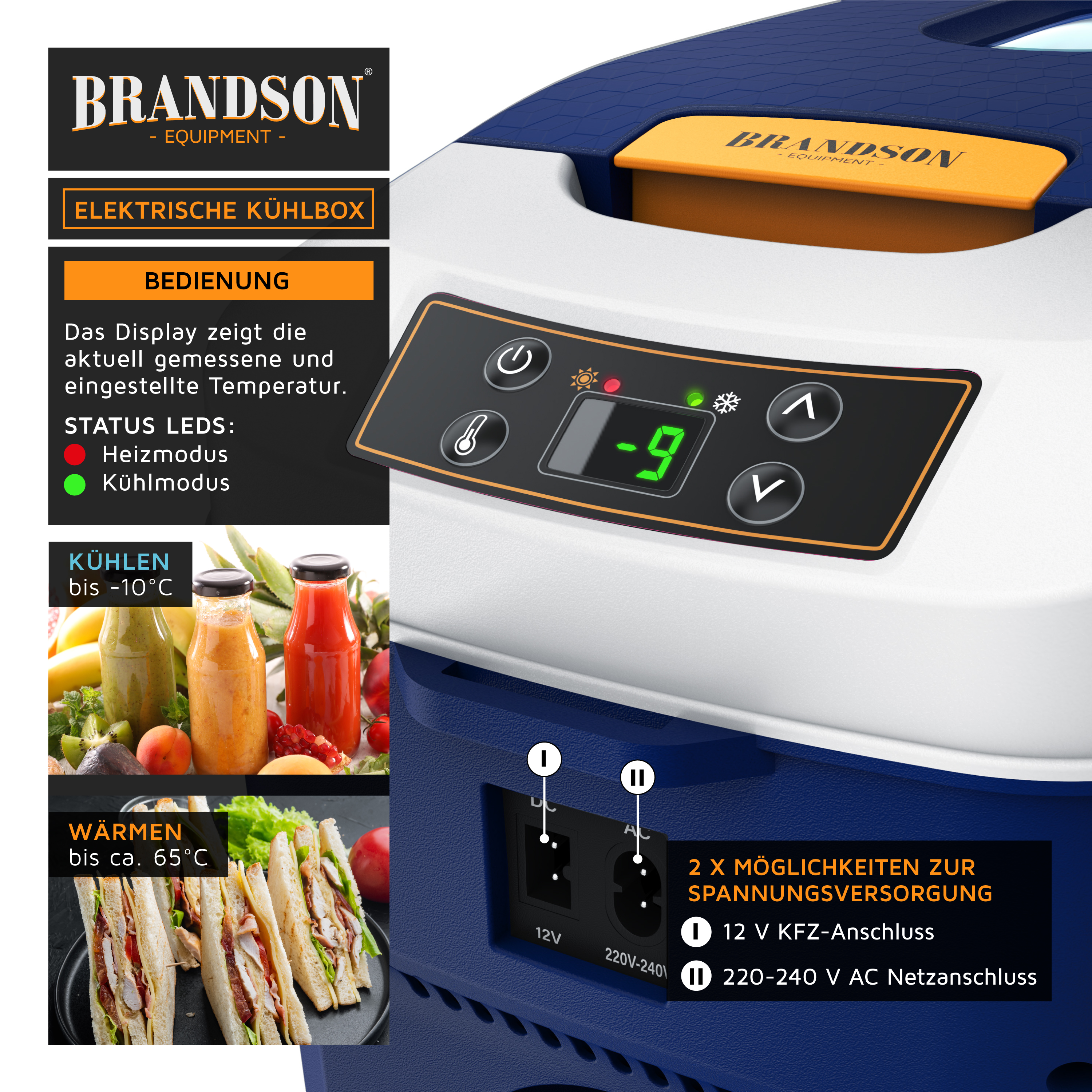 Elektrische Kühlbox von Brandson mit digitaler Anzeige der Temperatureinstellungen, blau-weißem Design und zwei Stromversorgungsoptionen.