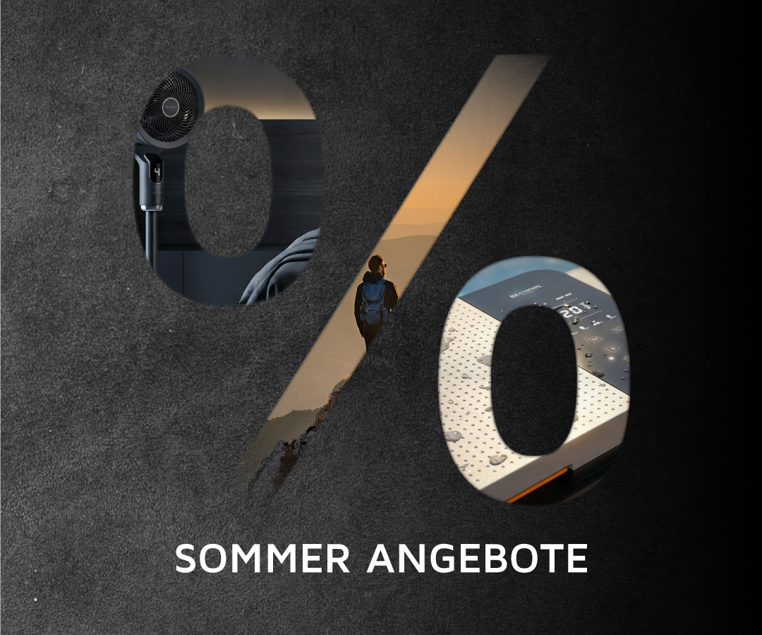 Brandson Sommerangebote mit einem Turmventilator und einem mobilen Luftkühler, beide in modernen Designs und unterschiedlichen Nutzungssituationen.