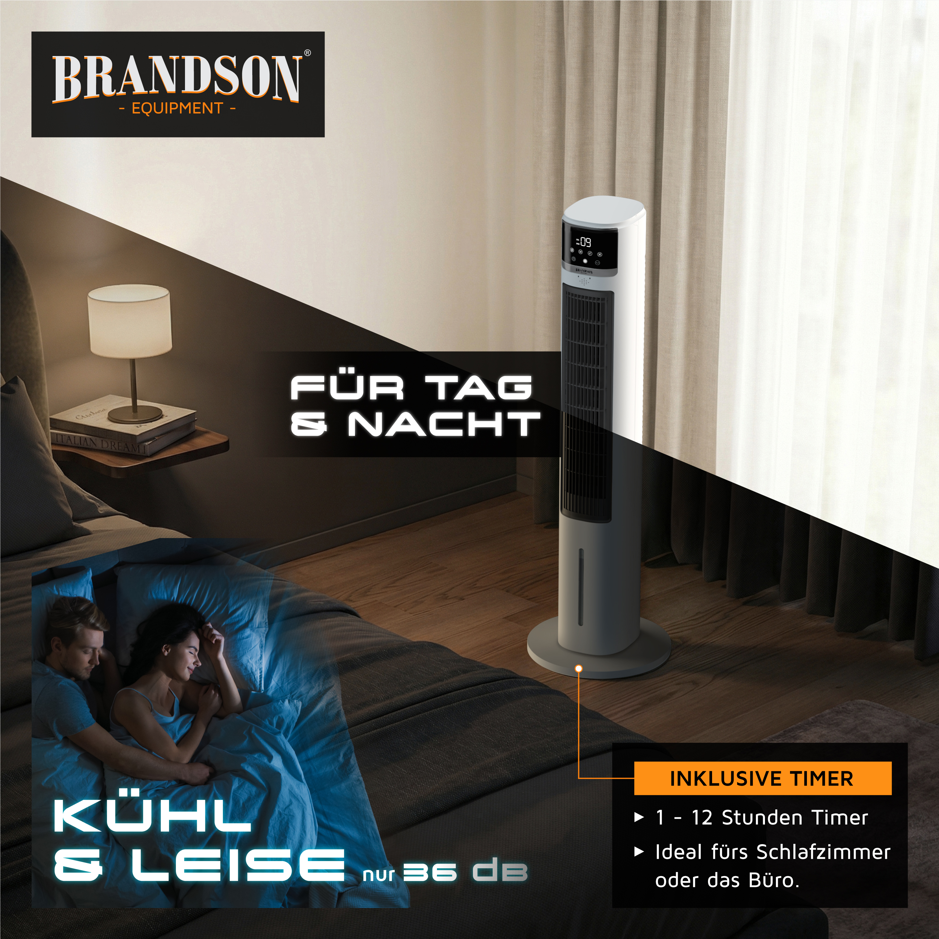 Turmventilator von Brandson mit elegantem Design, Digitalanzeige und Timer-Funktion, geeignet für den Einsatz im Schlafzimmer oder im Büro.