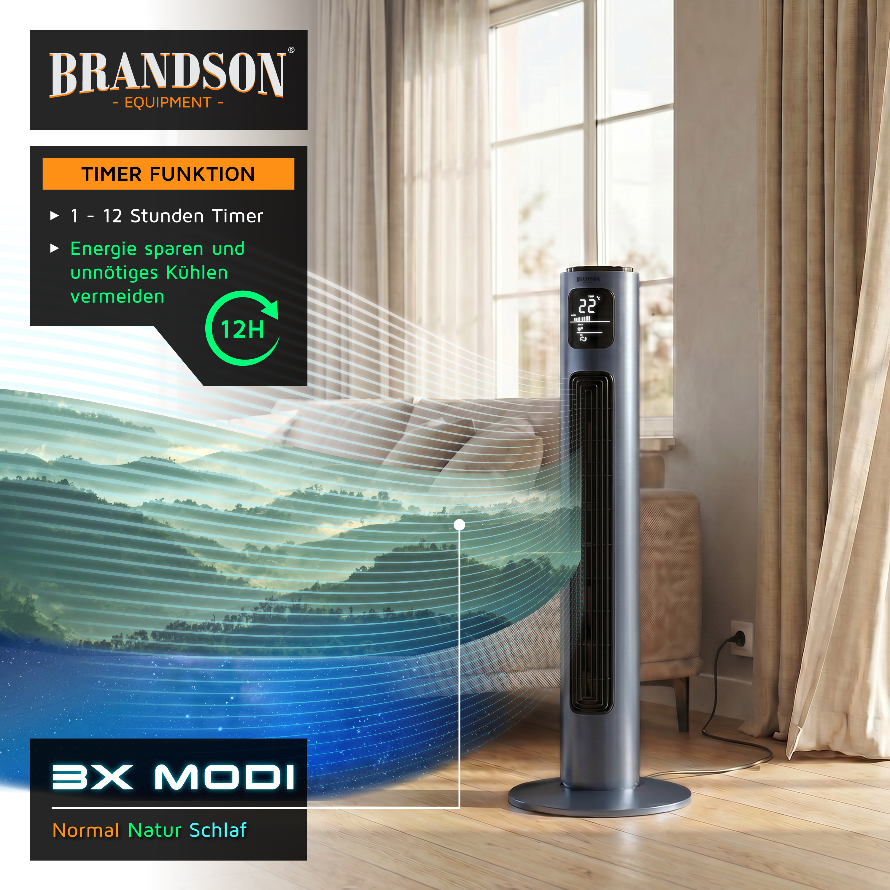 Brandson-Turmventilator mit elegantem Design, Digitalanzeige und Timer-Funktion, platziert in einem hellen Wohnzimmer.