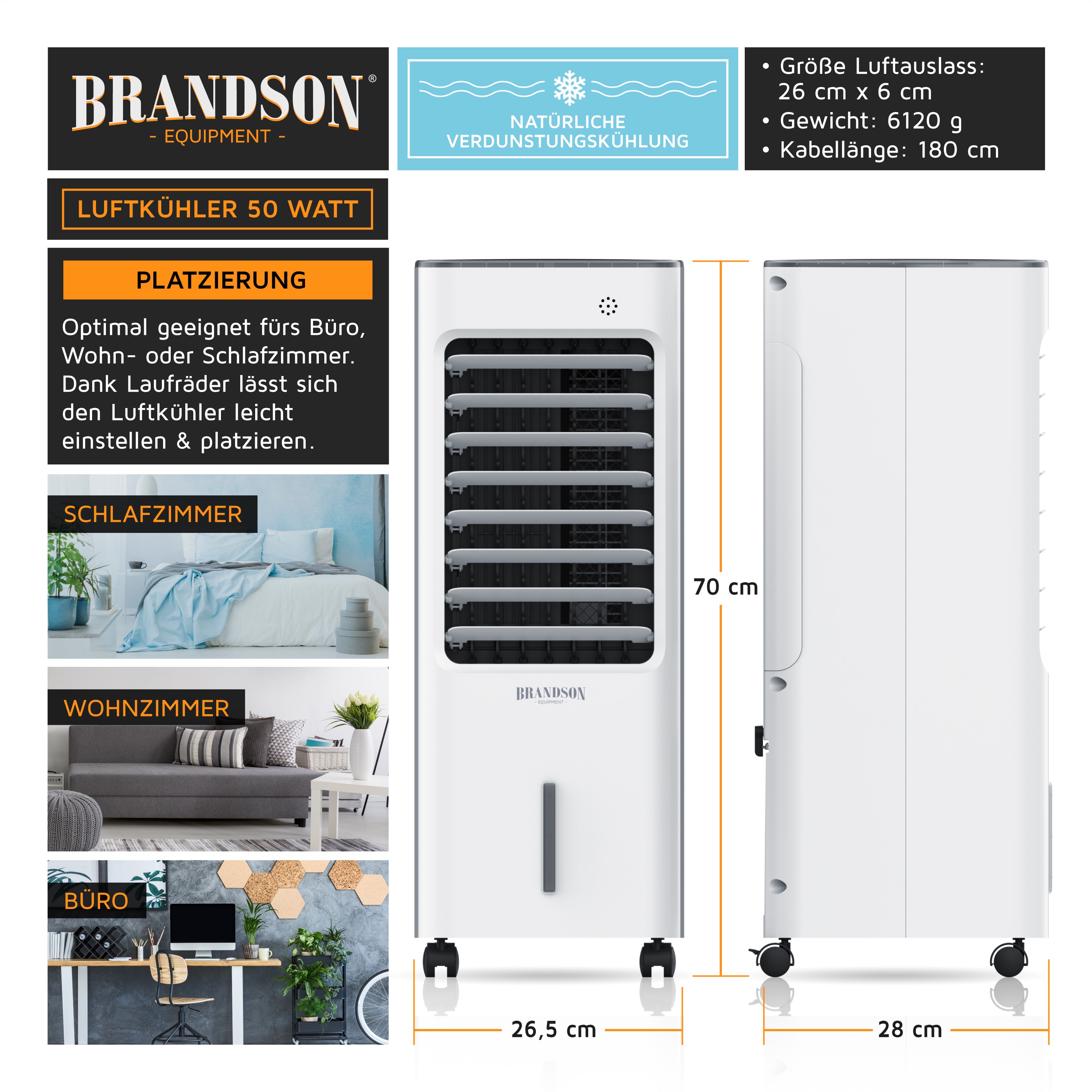Brandson-Luftkühler mit elegantem weißem Design, einem Luftauslass an der Vorderseite, Rädern für Mobilität und einem Bedienfeld oben.