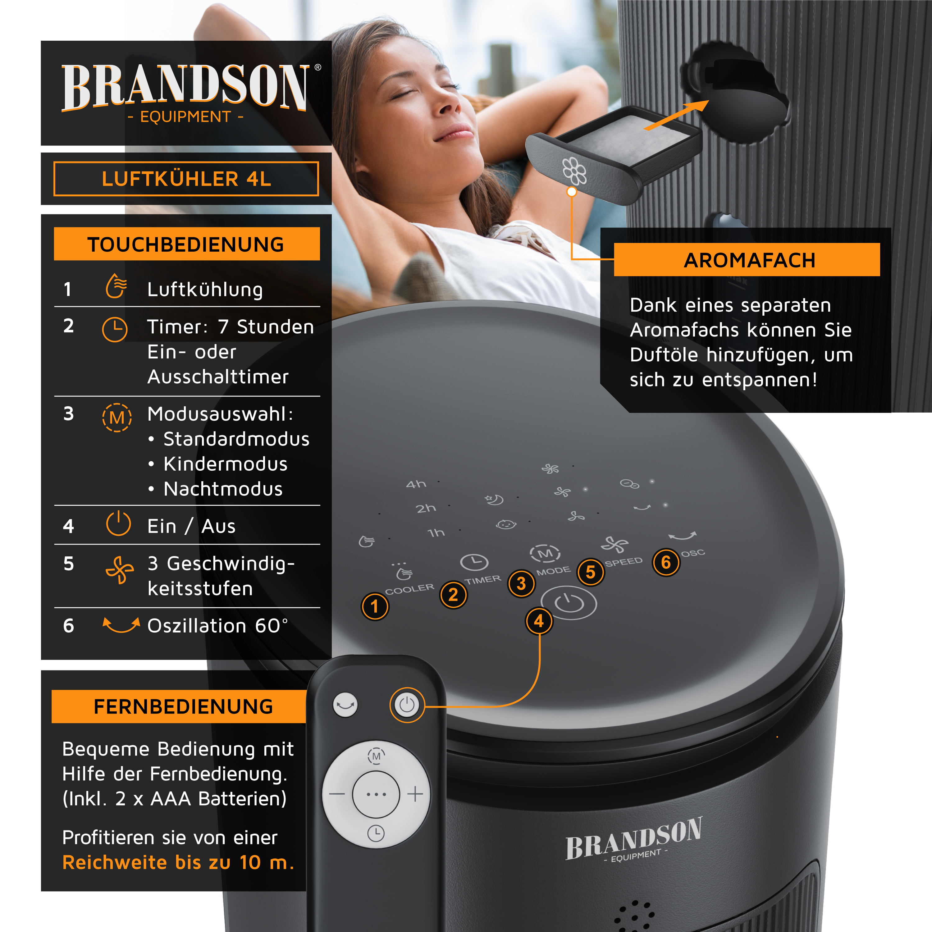 Brandson-Luftkühler mit Touch-Steuerung, schwarze Farbe, mit Fernbedienung, Timer-Funktion und Aromafach für zusätzliche Entspannung.