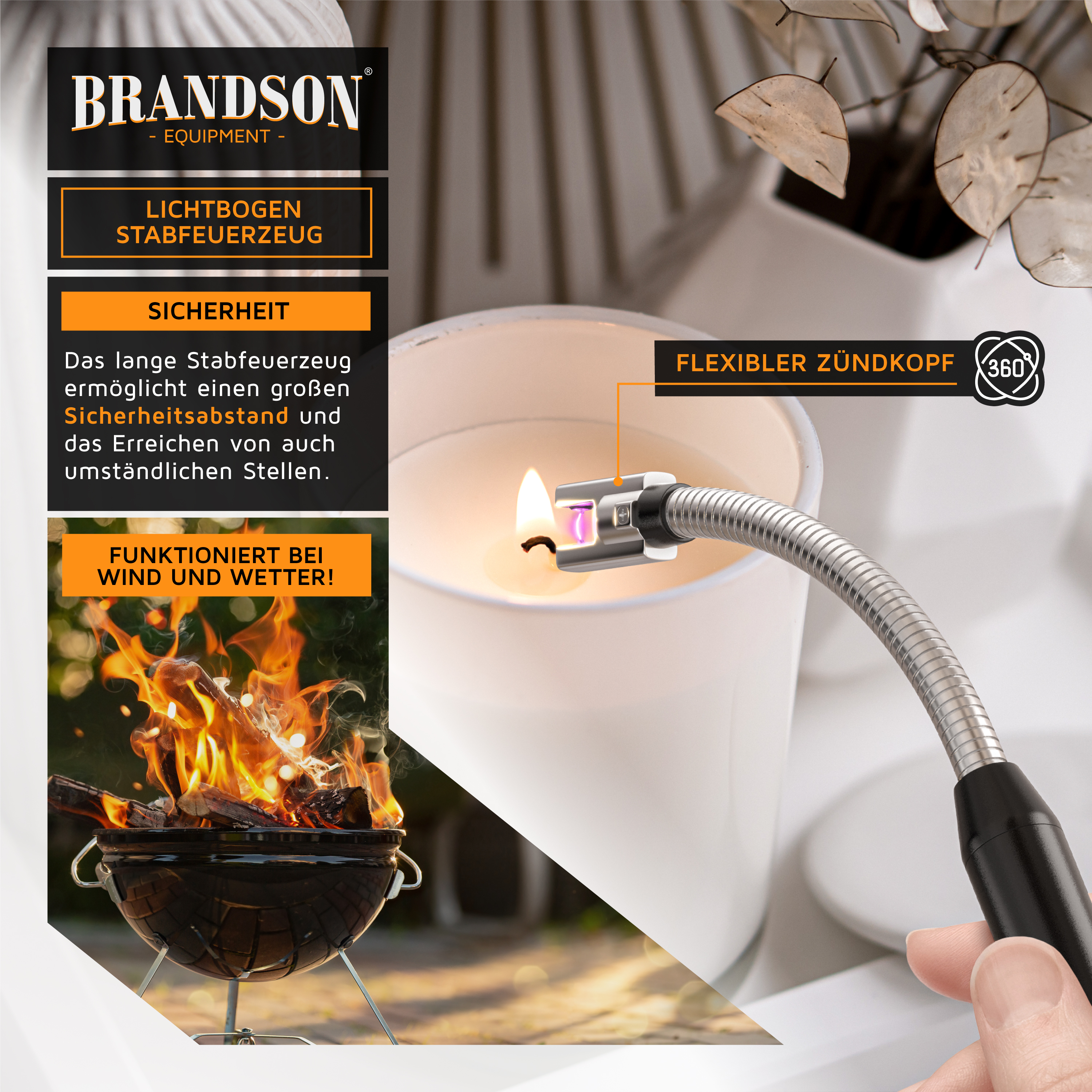 Brandson Lichtbogen-Stabfeuerzeug mit flexiblem Zündkopf und langem Griff, ideal für Kerzen und Grill, funktioniert bei Wind und Wetter.