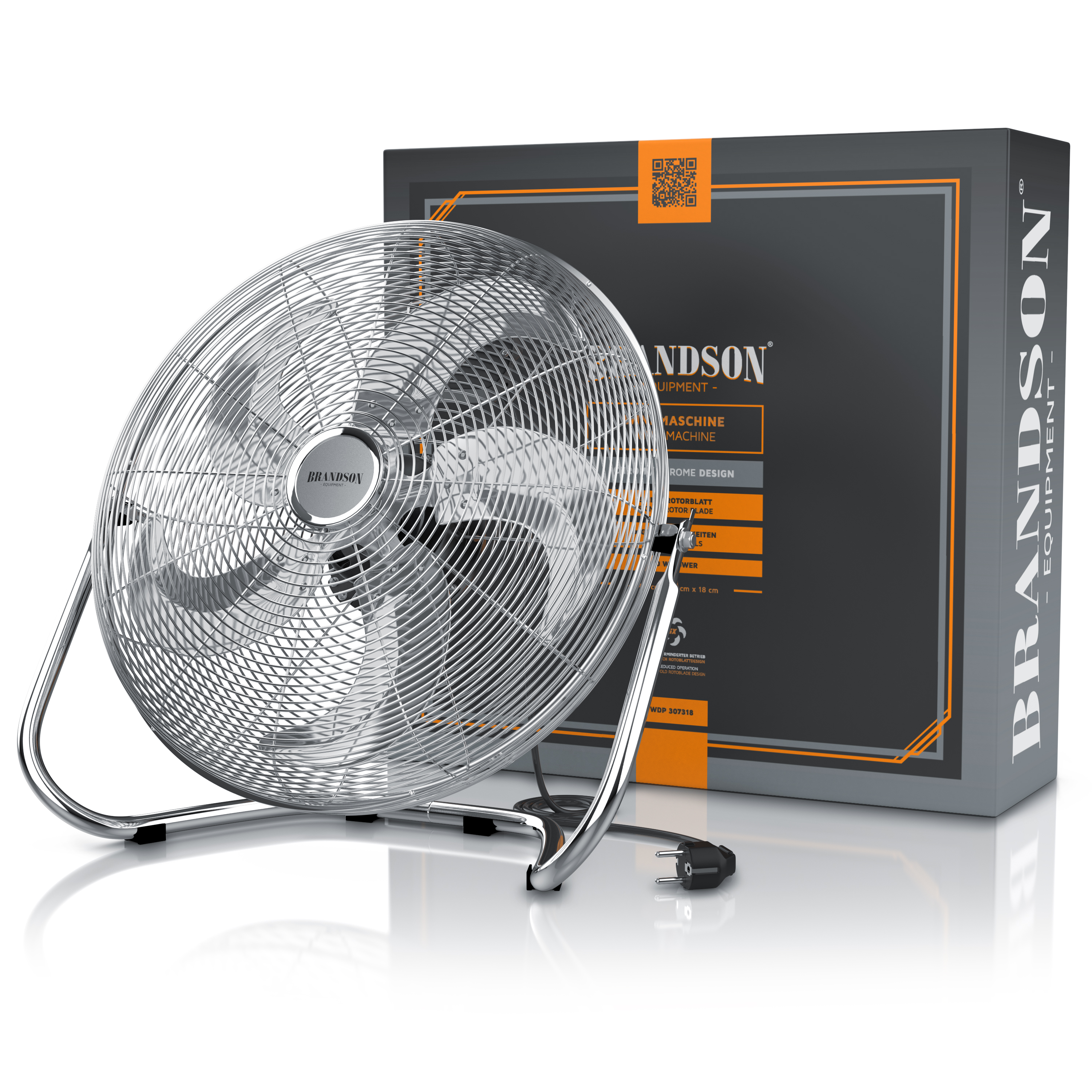 Windmaschine von Brandson im Chromdesign mit stabilem Ständer und sichtbarem Netzkabel, positioniert neben der Verpackung.