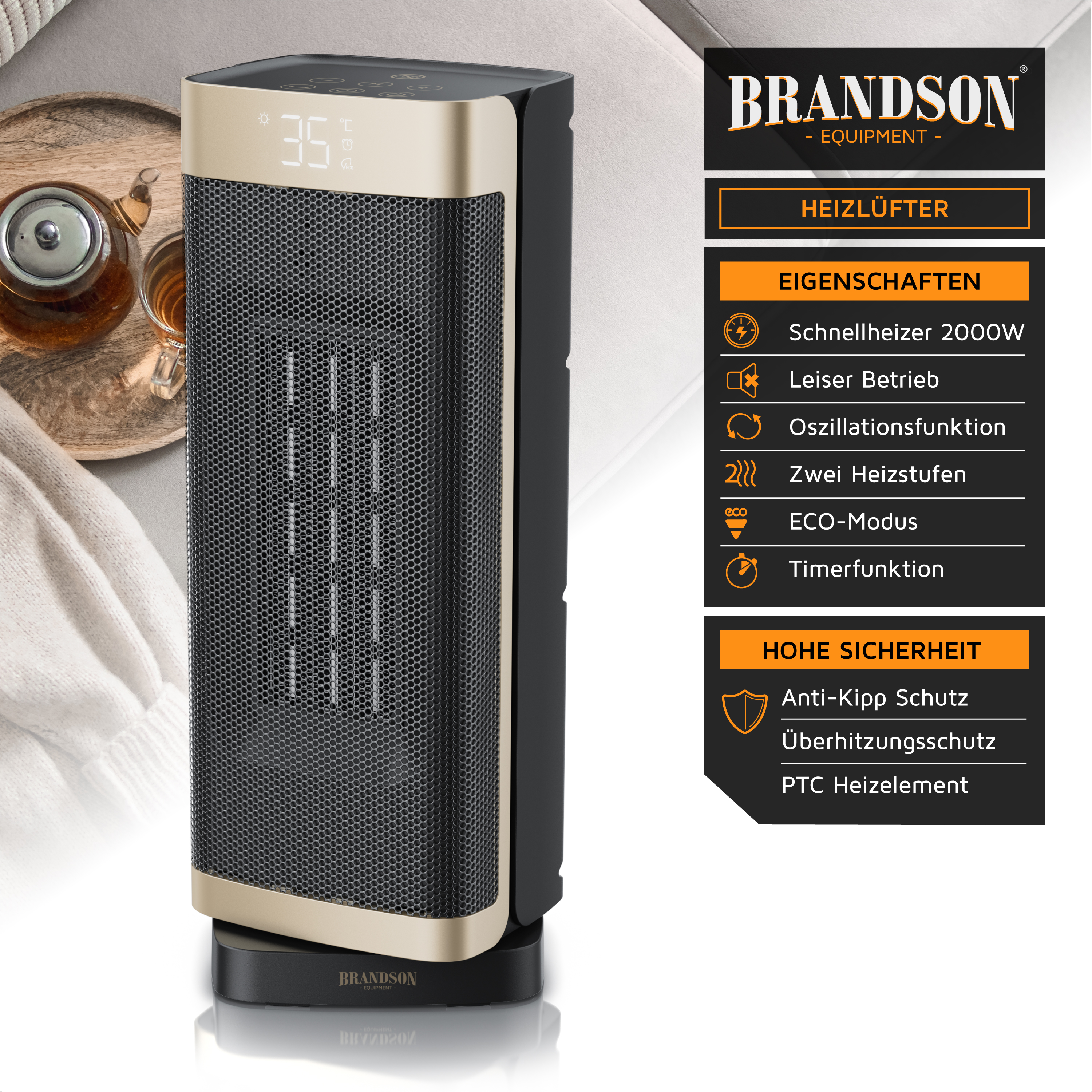 Brandson Heizlüfter in Schwarz und Gold mit digitalem Display, Bedienfeld und Sicherheitsfunktionen, ideal für den Wohnbereich.