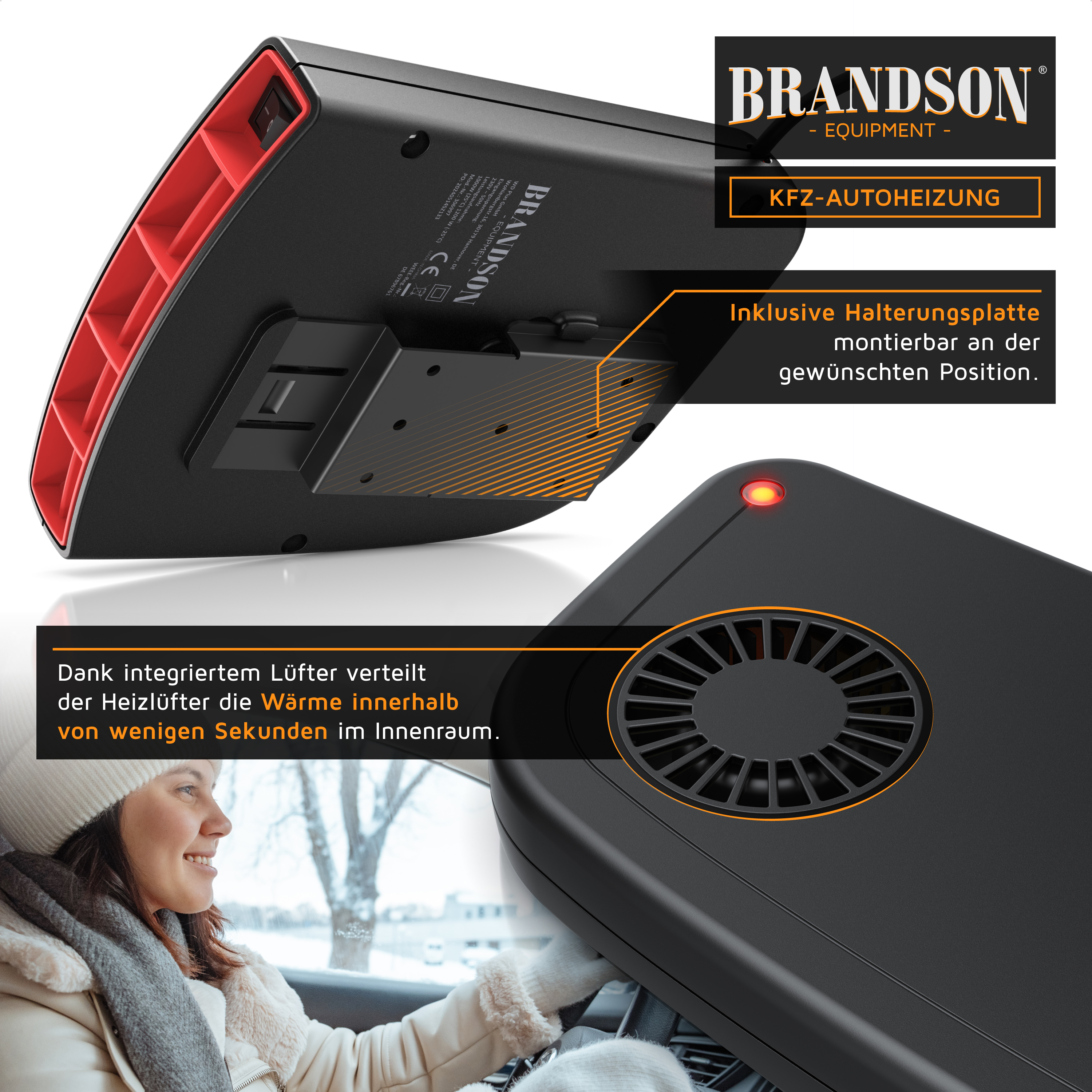 Brandson KFZ-Autoheizung mit Halterungsplatte, integriertem Lüfter und rotem Betriebslicht, ideal für den Einsatz im Fahrzeug.