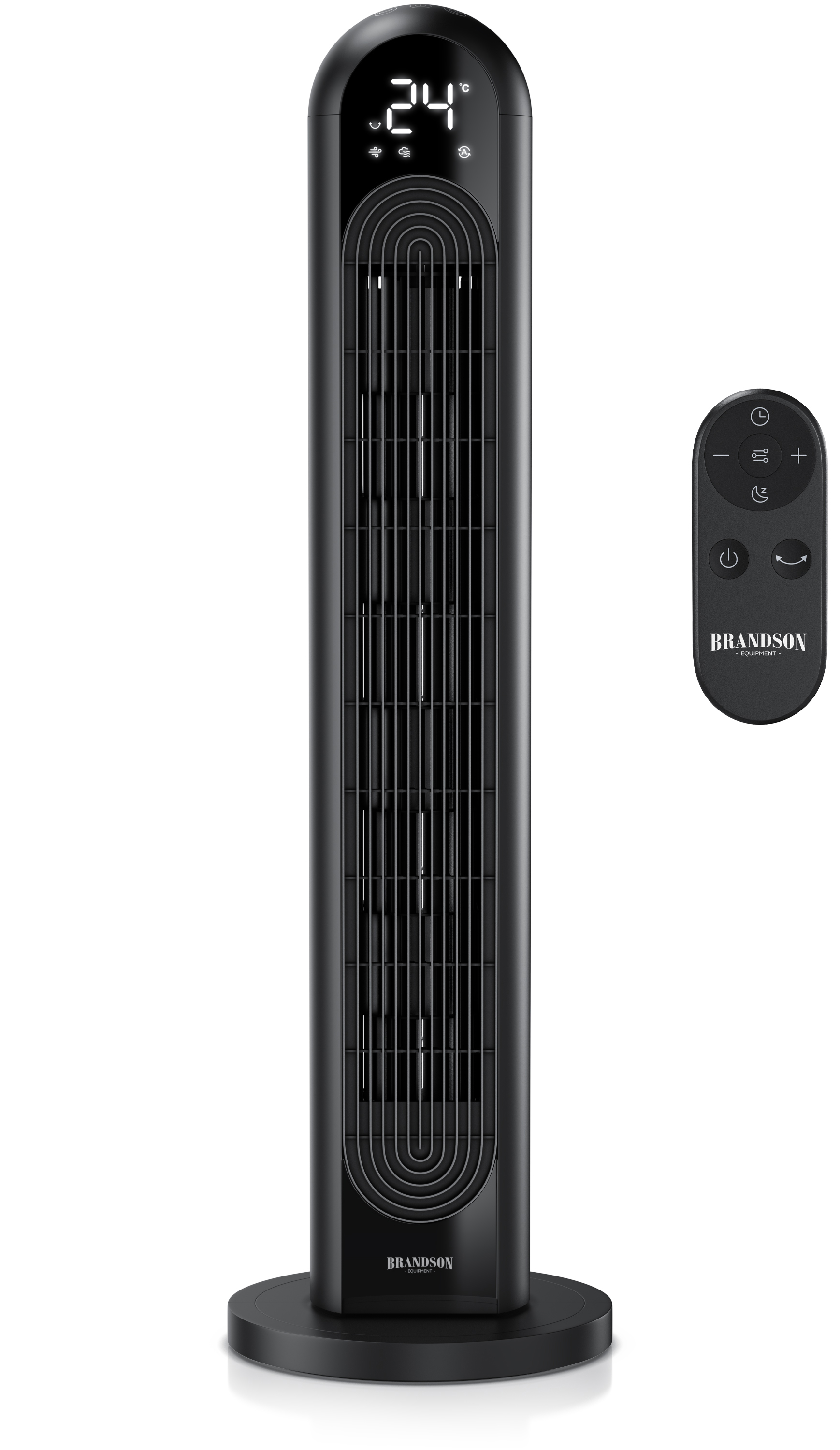 Brandson Turmventilator in Schwarz mit digitaler Temperaturanzeige, Fernbedienung und stabilem Standfuß.