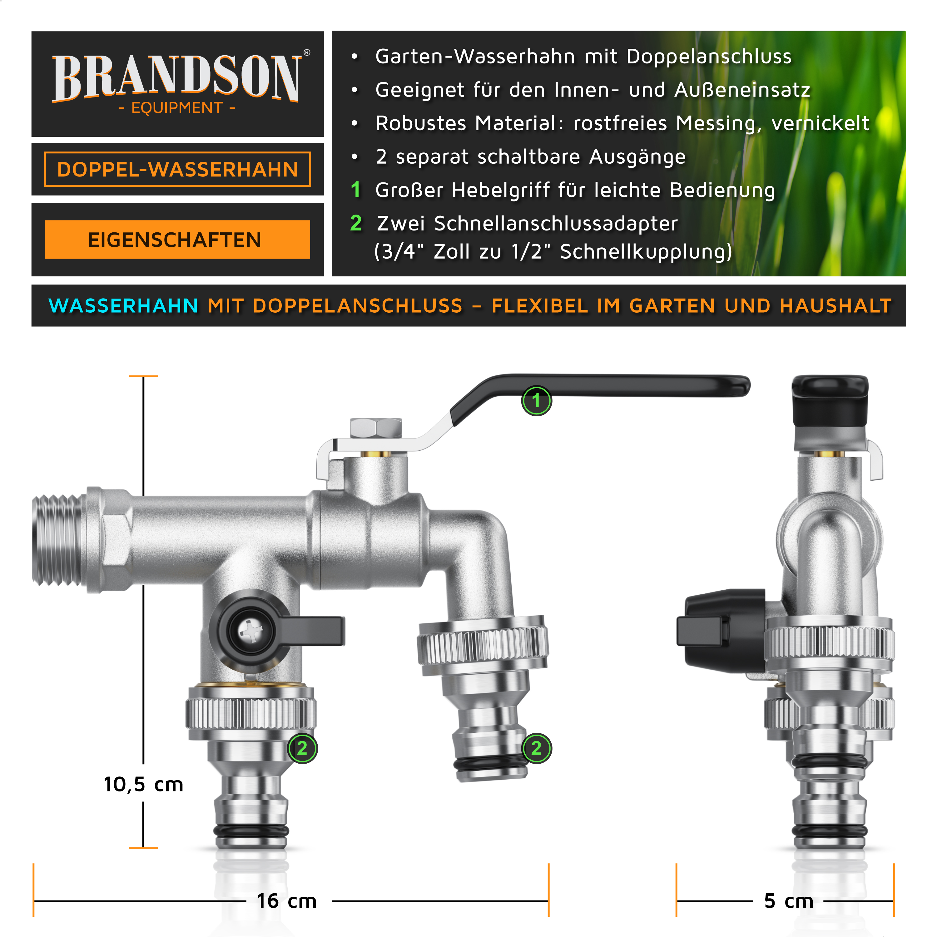 Brandson Doppel-Wasserhahn aus Edelstahl mit zwei separaten Auslässen, großer Hebel für einfache Bedienung, für den Innen- und Außenbereich geeignet.