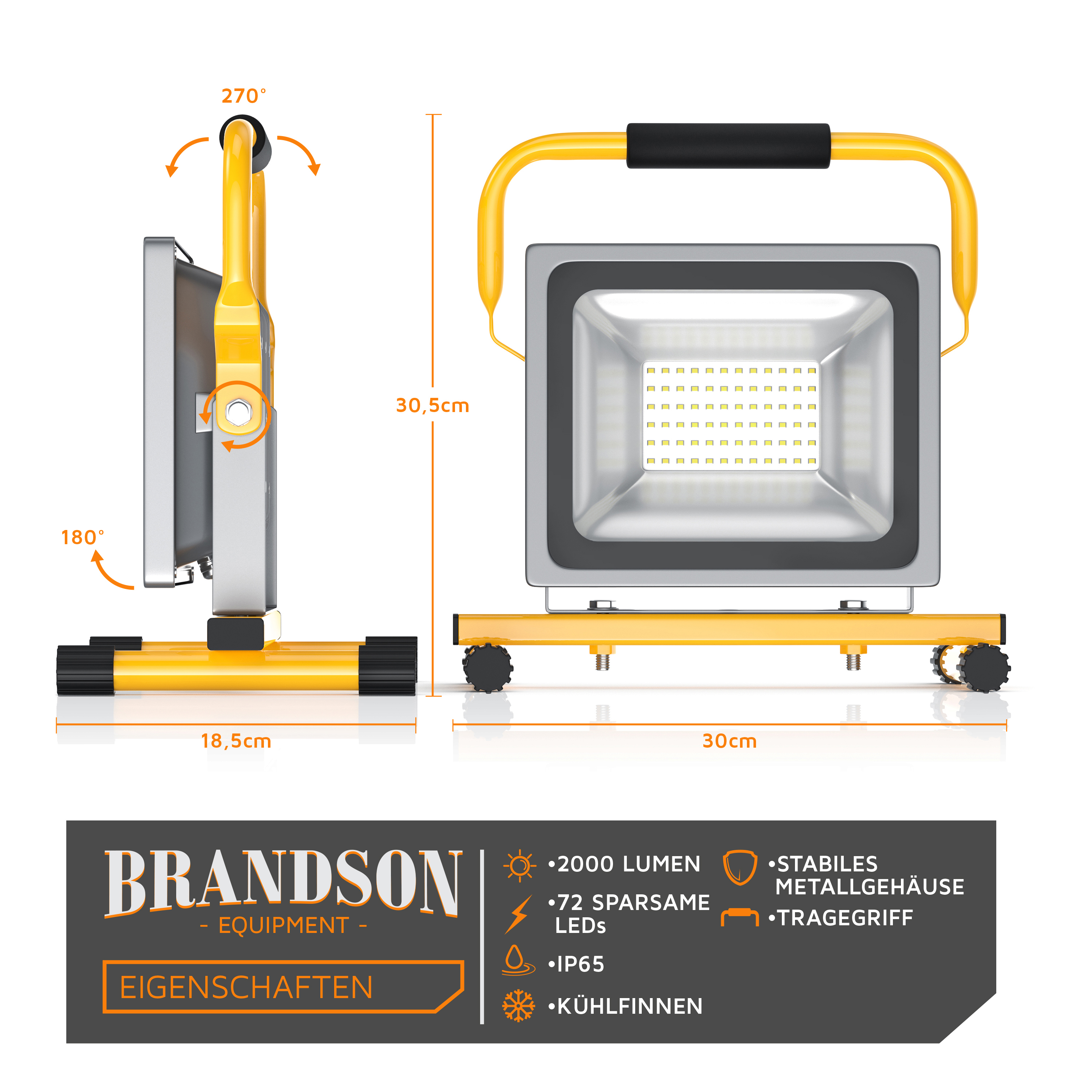 Brandson LED-Arbeitsleuchte mit stabilem Metallgehäuse, Tragegriff und beweglichem Kopf für flexible Beleuchtung.