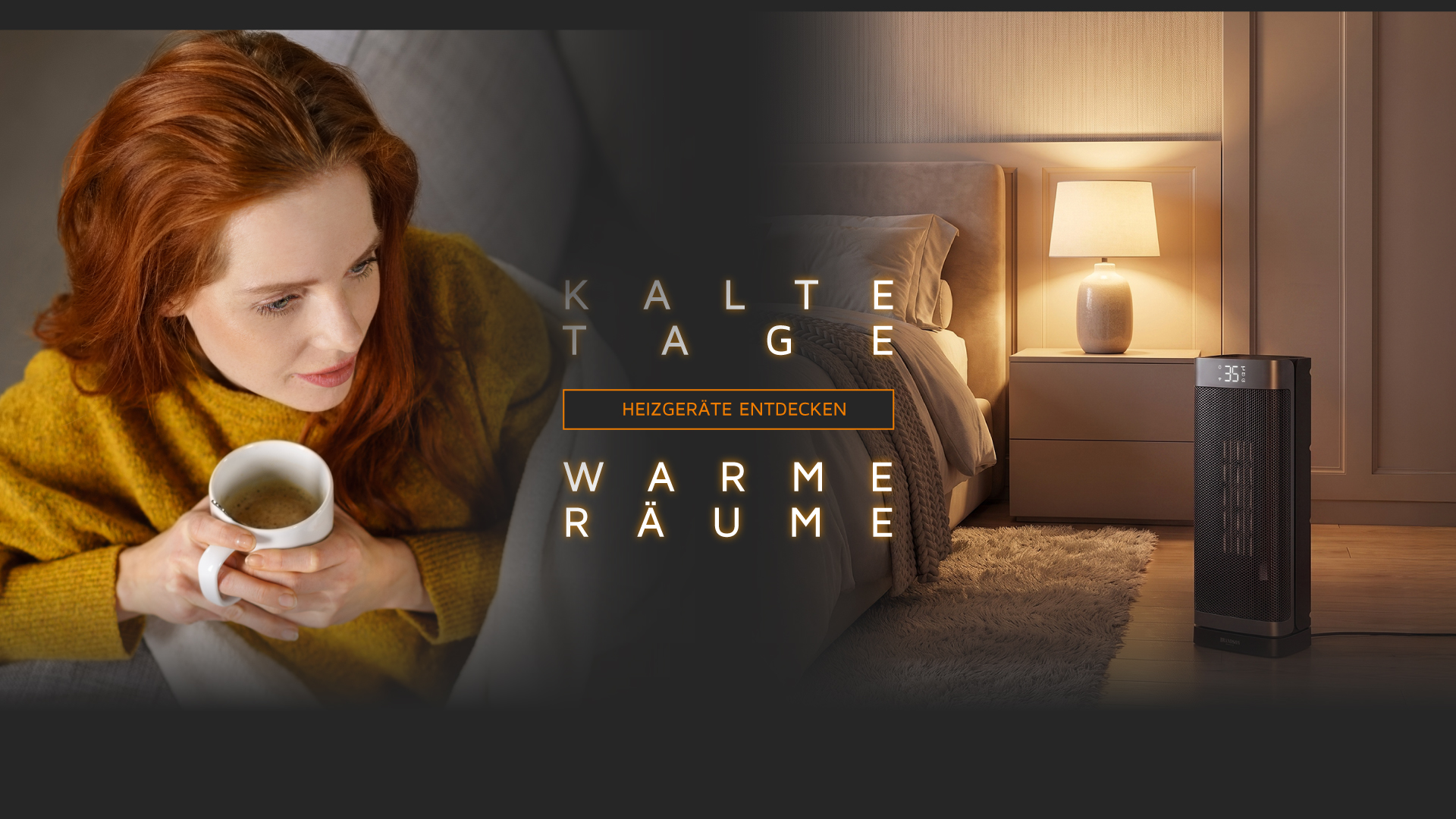 Brandson-Keramik-Heizlüfter mit Digitalanzeige steht in einem gemütlichen Schlafzimmer neben einer Frau mit einer Tasse Kaffee.