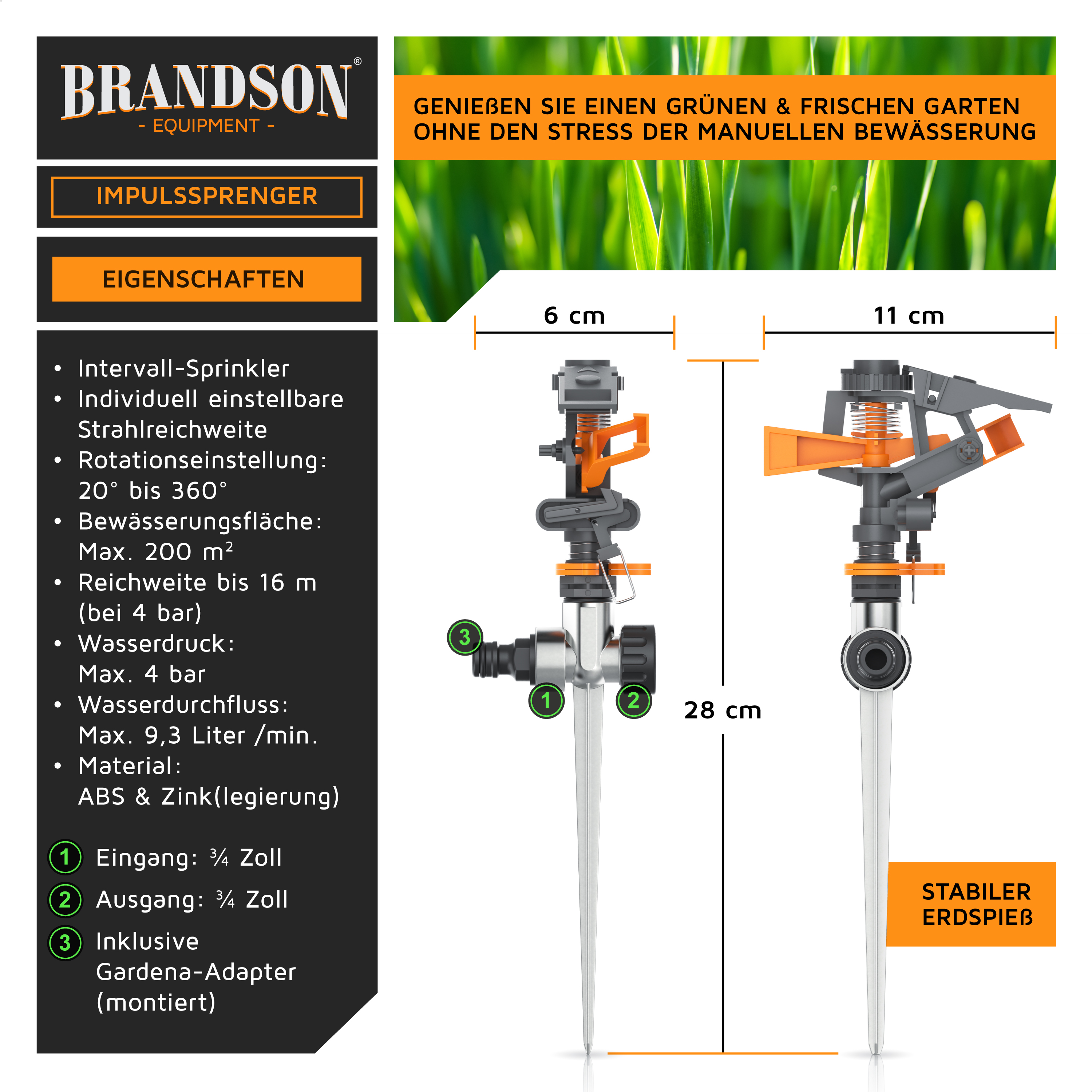Brandson Impuls-Sprinkler mit individuell einstellbarer Strahlreichweite, stabiler Erdspieß und Gardena-Adapter, ideal für die Gartenbewässerung.