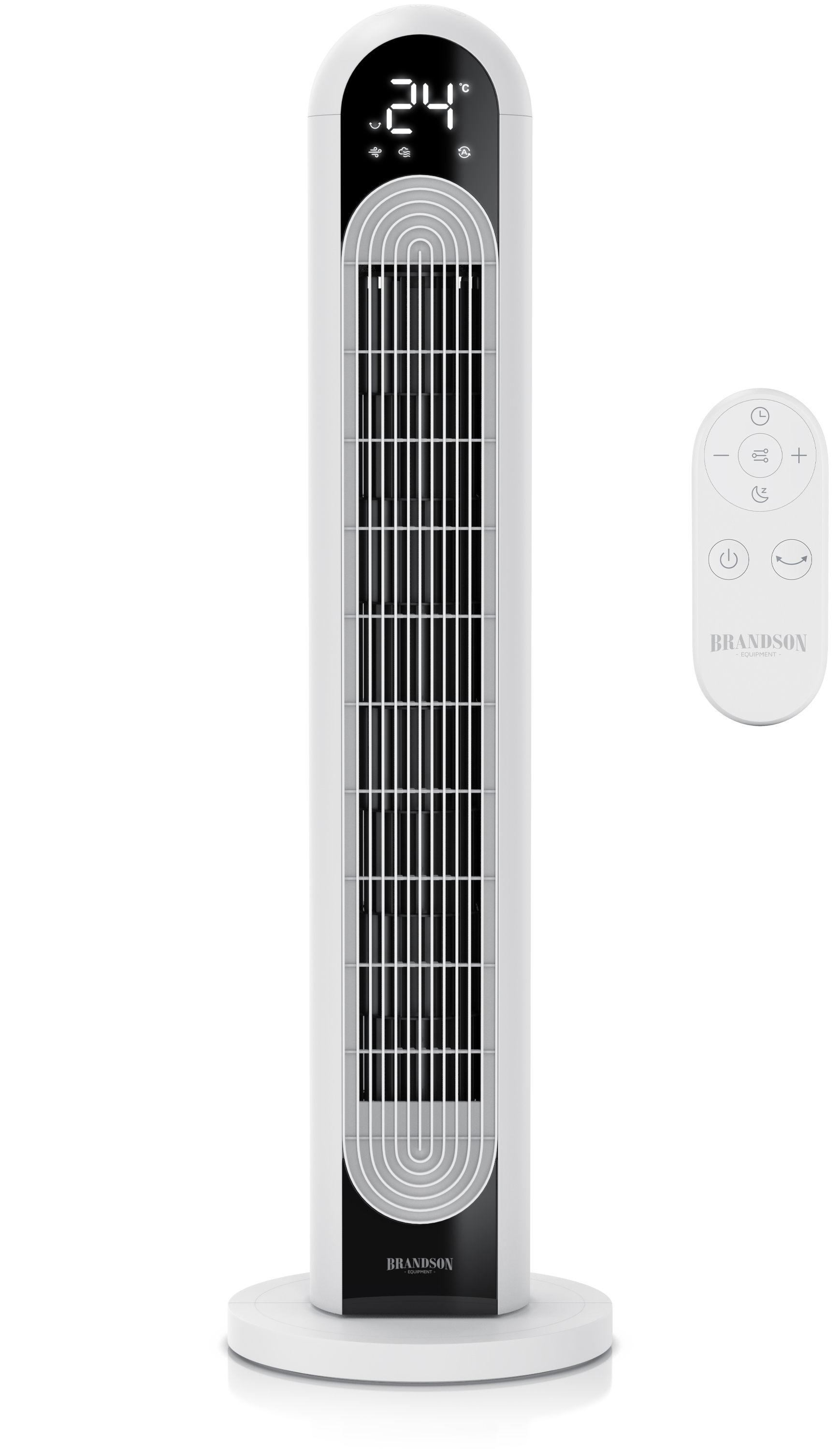 Brandson Turmventilator in Weiß mit digitaler Temperaturanzeige, Fernbedienung und stabilem Rundfuß.