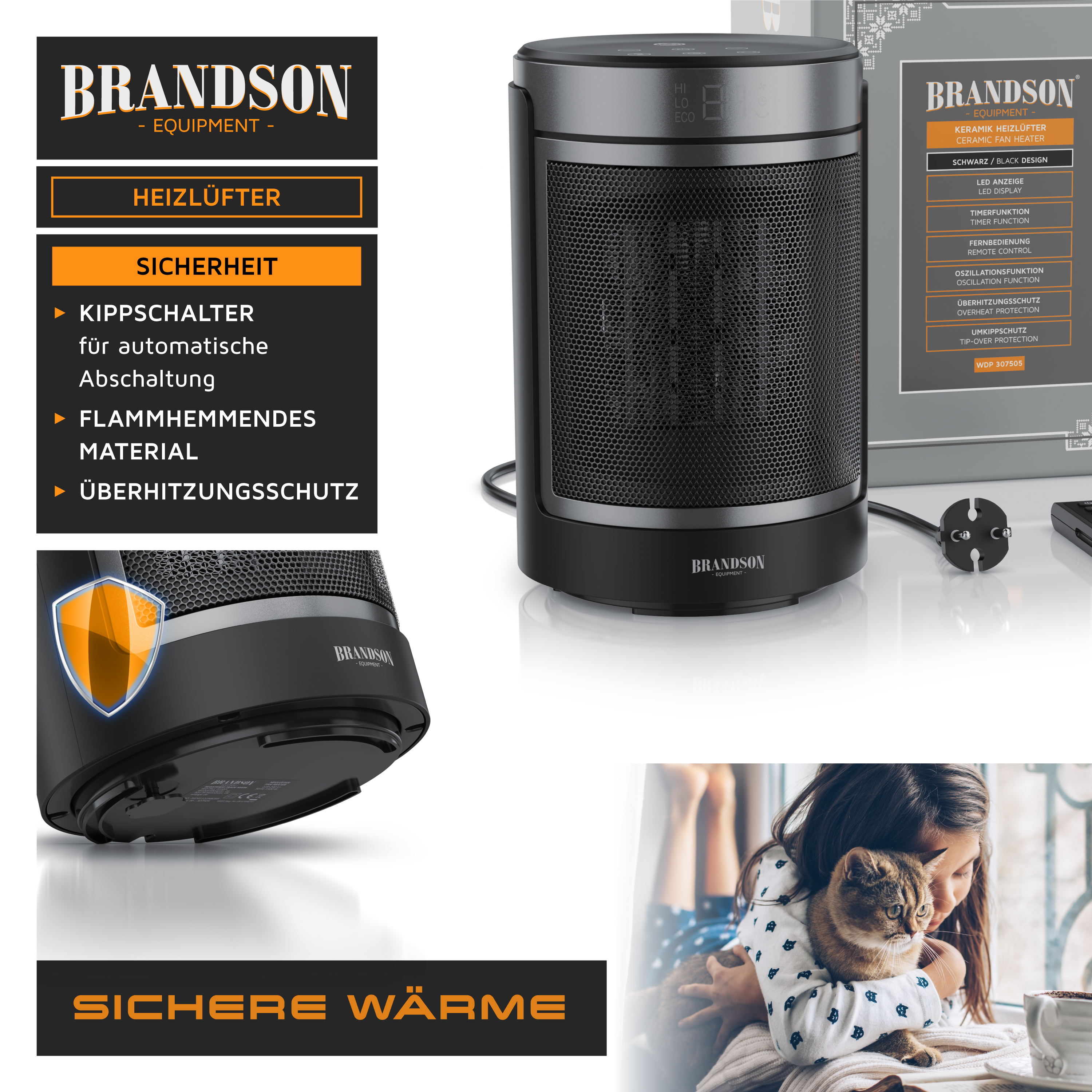 Brandson Heizlüfter im schwarzen Design mit LED-Display, Bedienfeld und Sicherheitsfunktionen wie Überhitzungsschutz und Kippschalter.