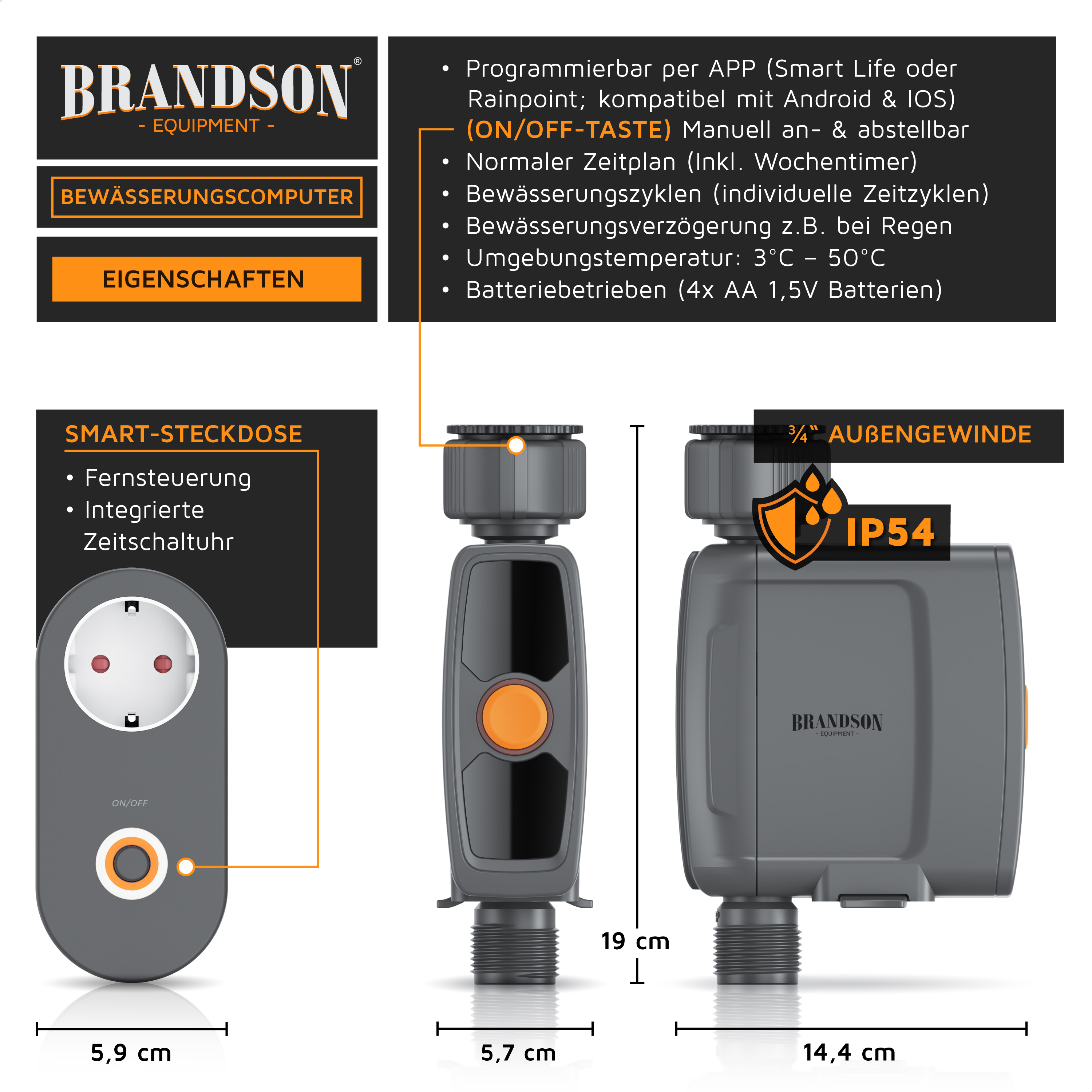 Brandson Bewässerungscomputer mit programmierbarem Display, grauem Gehäuse, integrierter Zeitschaltuhr und Fernsteuerung.