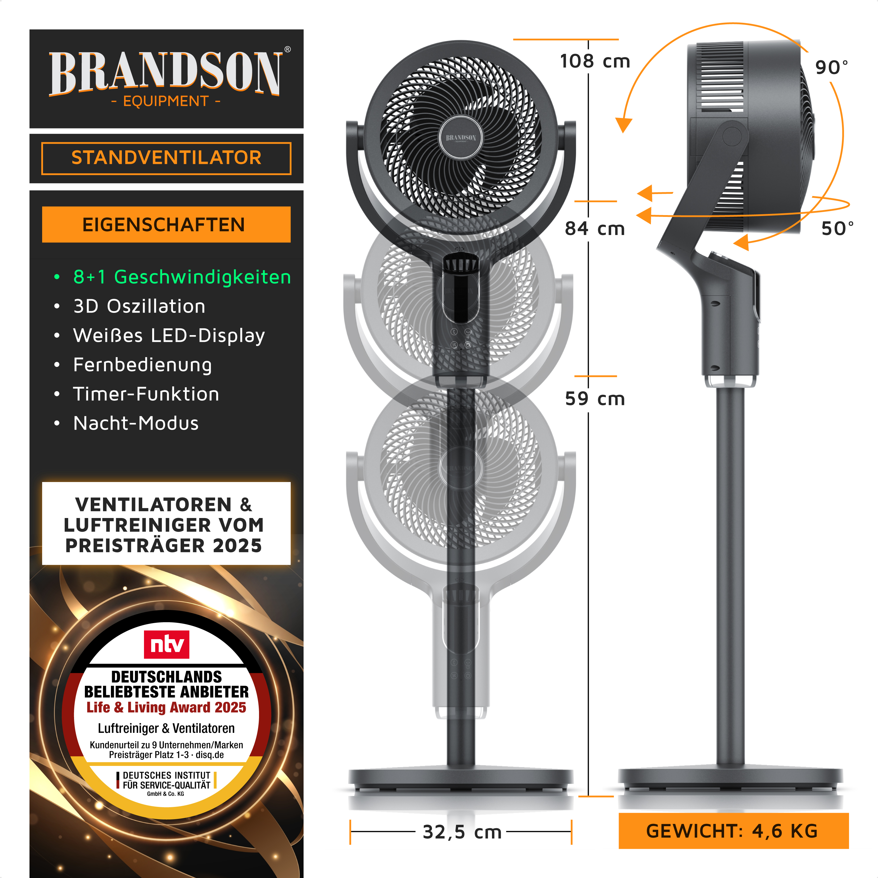 Standventilator von Brandson im eleganten schwarzen Design, mit weißem LED-Display, Fernbedienung und einstellbarer Höhe für vielseitigen Einsatz.