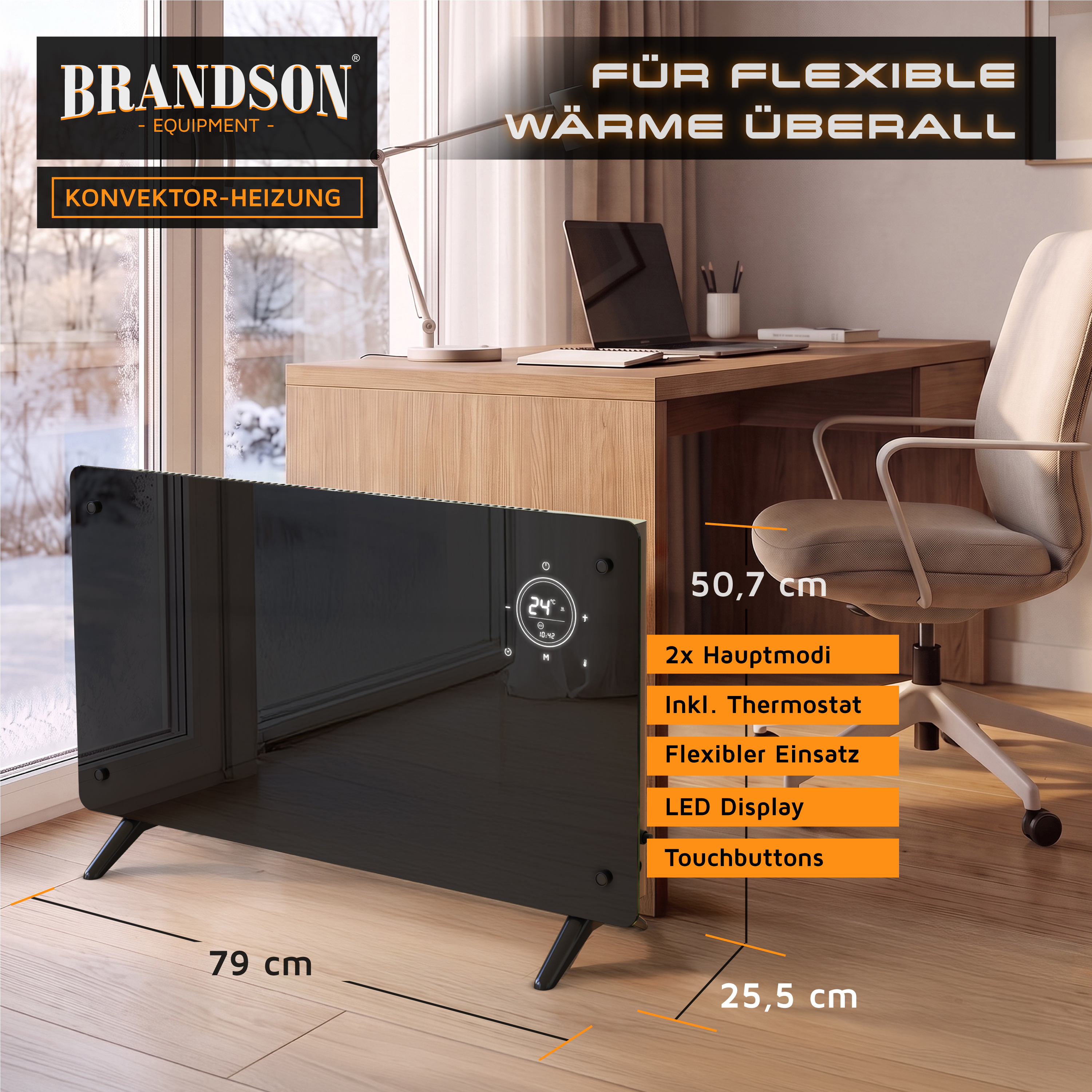 Brandson-Konvektionsheizgerät in einem modernen Büro mit einer eleganten schwarzen Glasfront, integriertem LED-Display, Touch-Bedienelementen und schwarzen Stützbeinen.