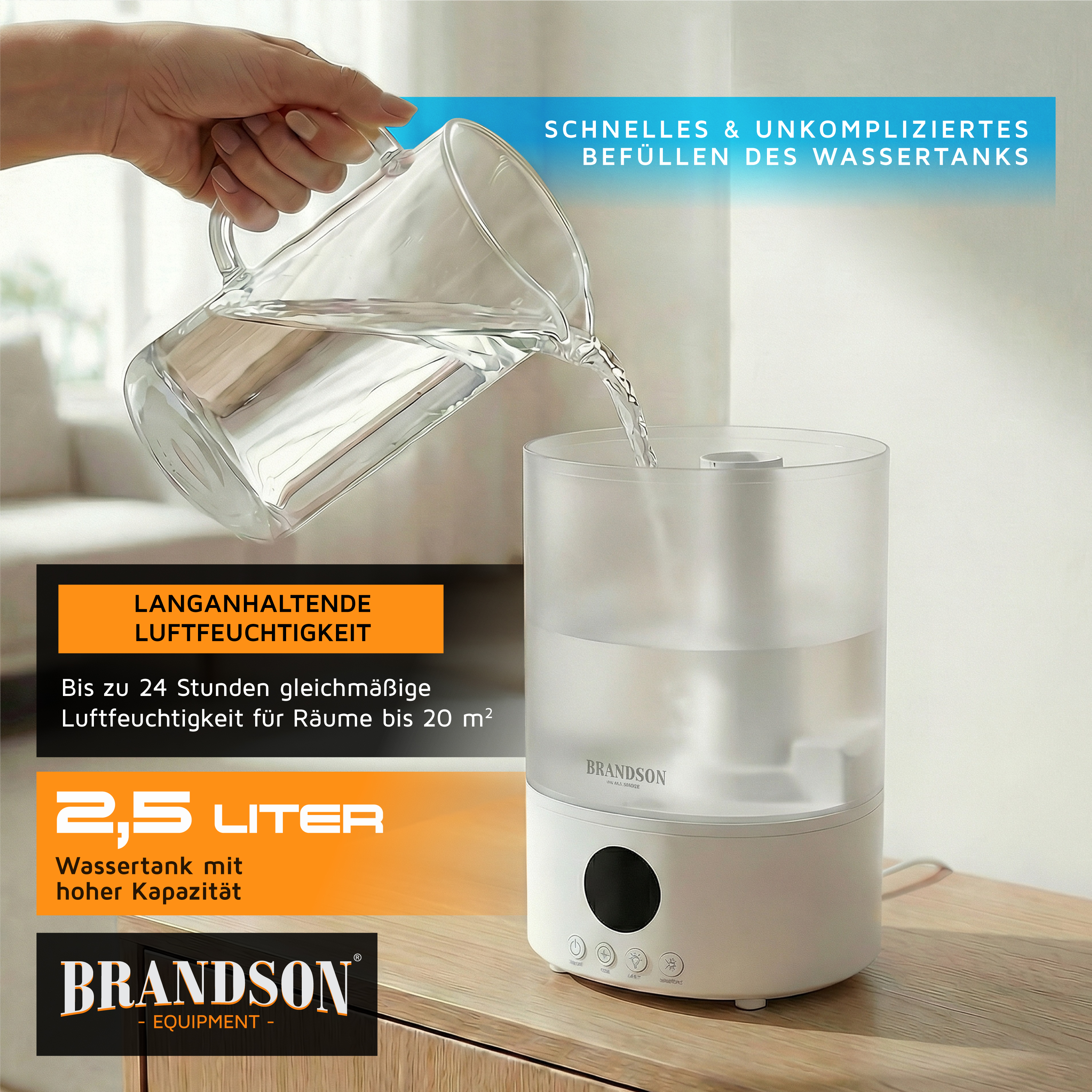 Brandson Luftbefeuchter mit transparentem Wassertank, Bedienfeld und hoher Kapazität, ideal für Räume bis 20 m².