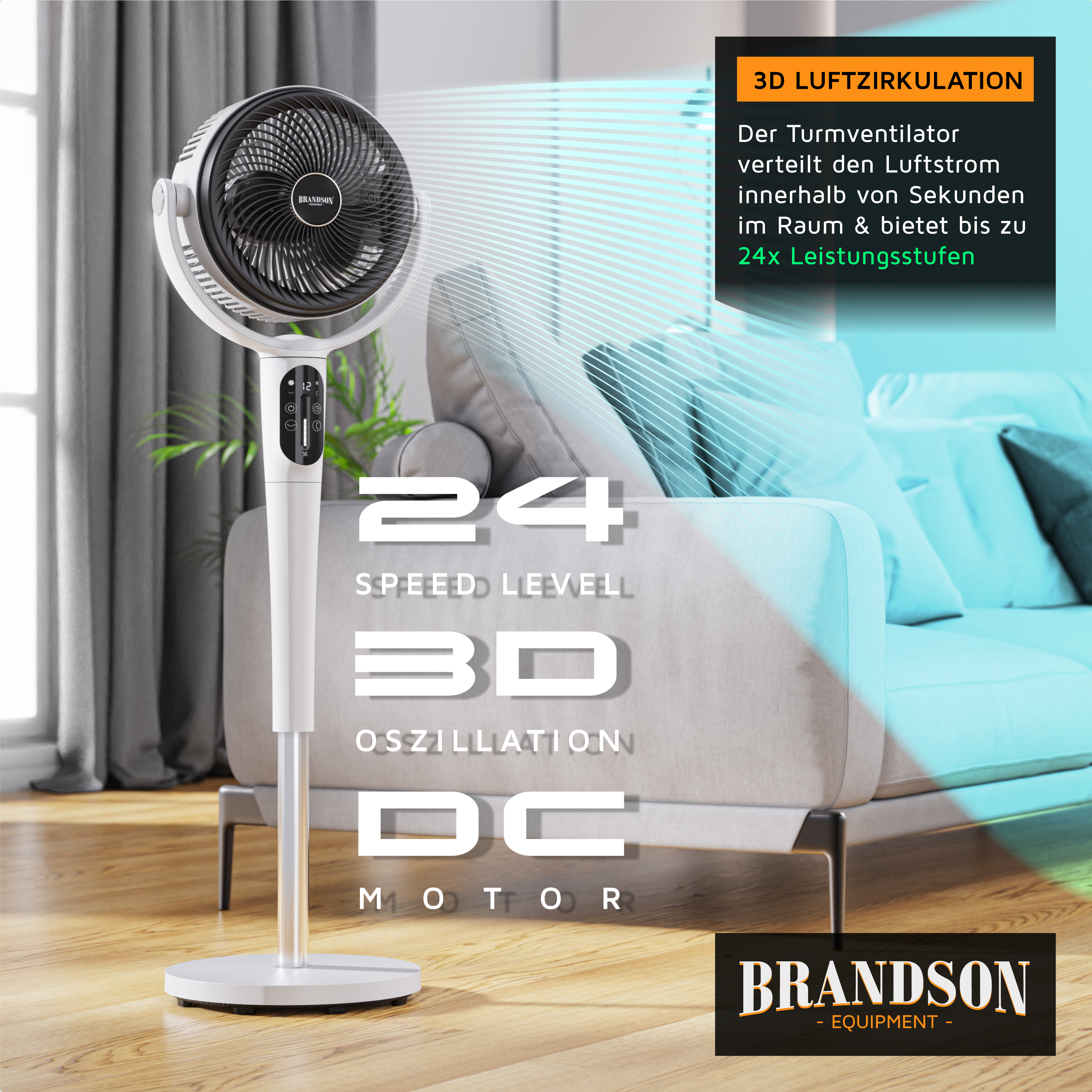 Brandson Turmventilator mit elegantem weißem Design, digitalem Bedienfeld und stabilem Sockel, positioniert in einem modernen Wohnzimmer.