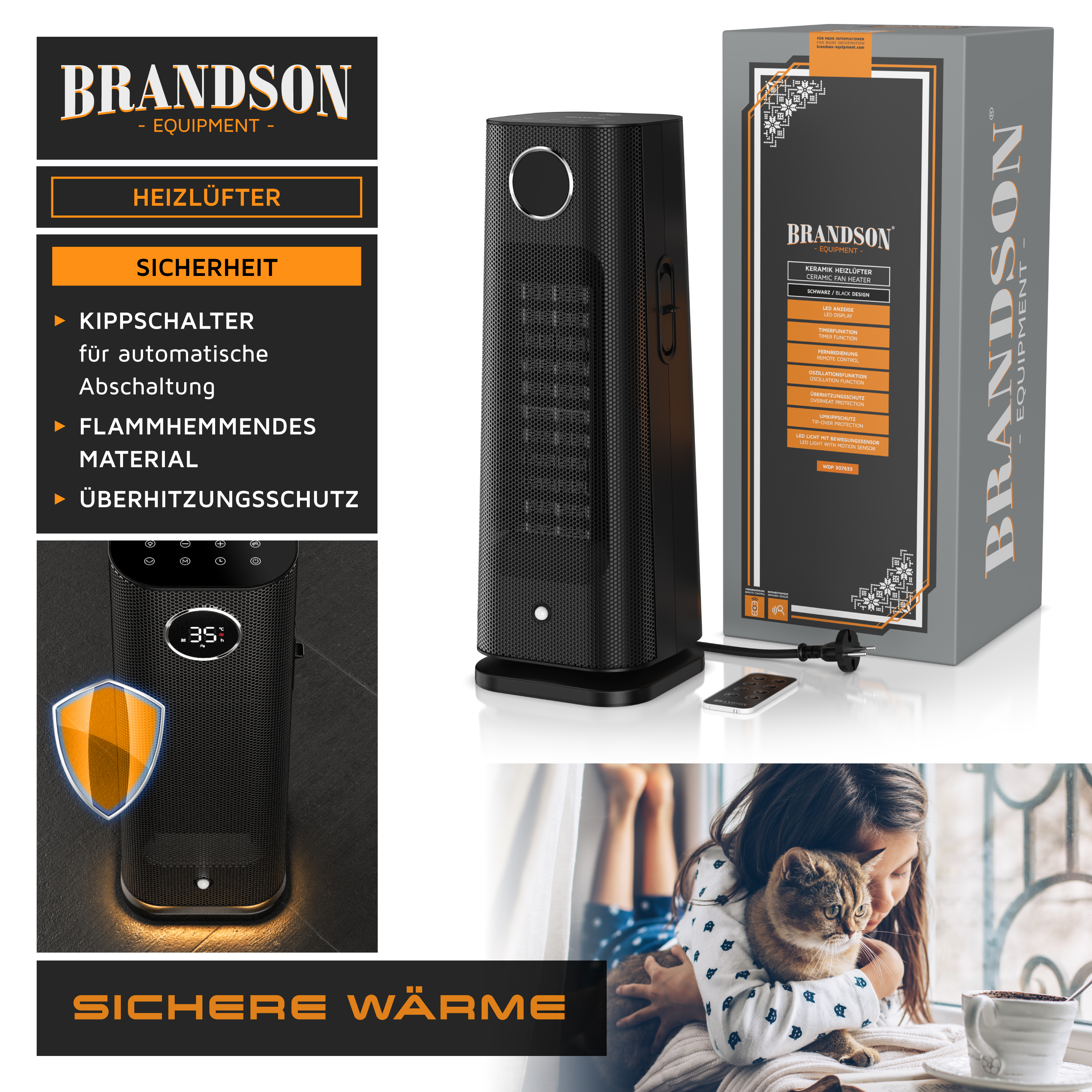 Brandson Heizlüfter in Schwarz mit Bedienfeld, Temperaturanzeige und Fernbedienung, ideal für den Einsatz im Wohnzimmer.