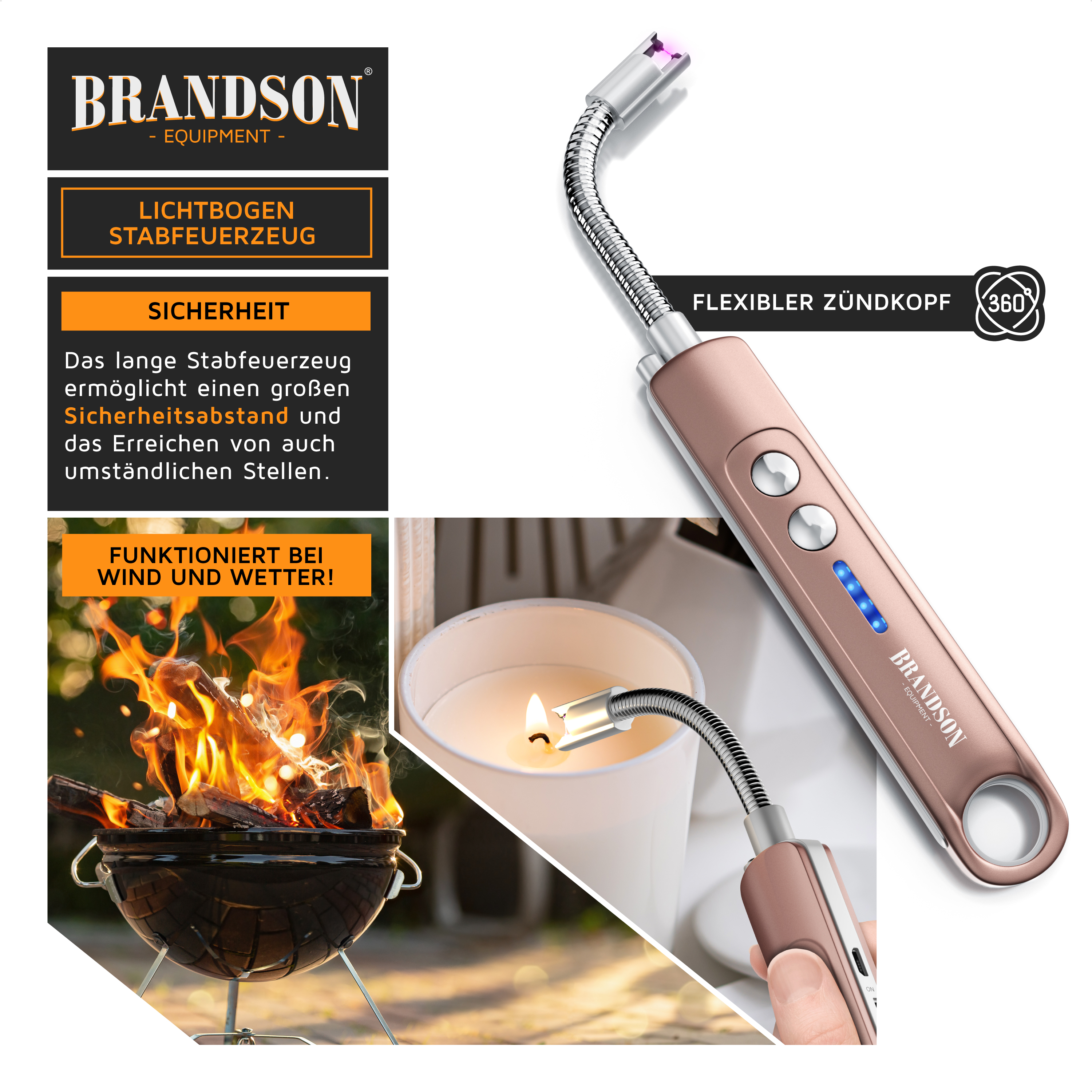 Brandson Lichtbogen-Stabfeuerzeug mit flexiblem Zündkopf, in Roségold, ideal für Grill und Kerzen, mit Sicherheitsabstand und LED-Anzeige.