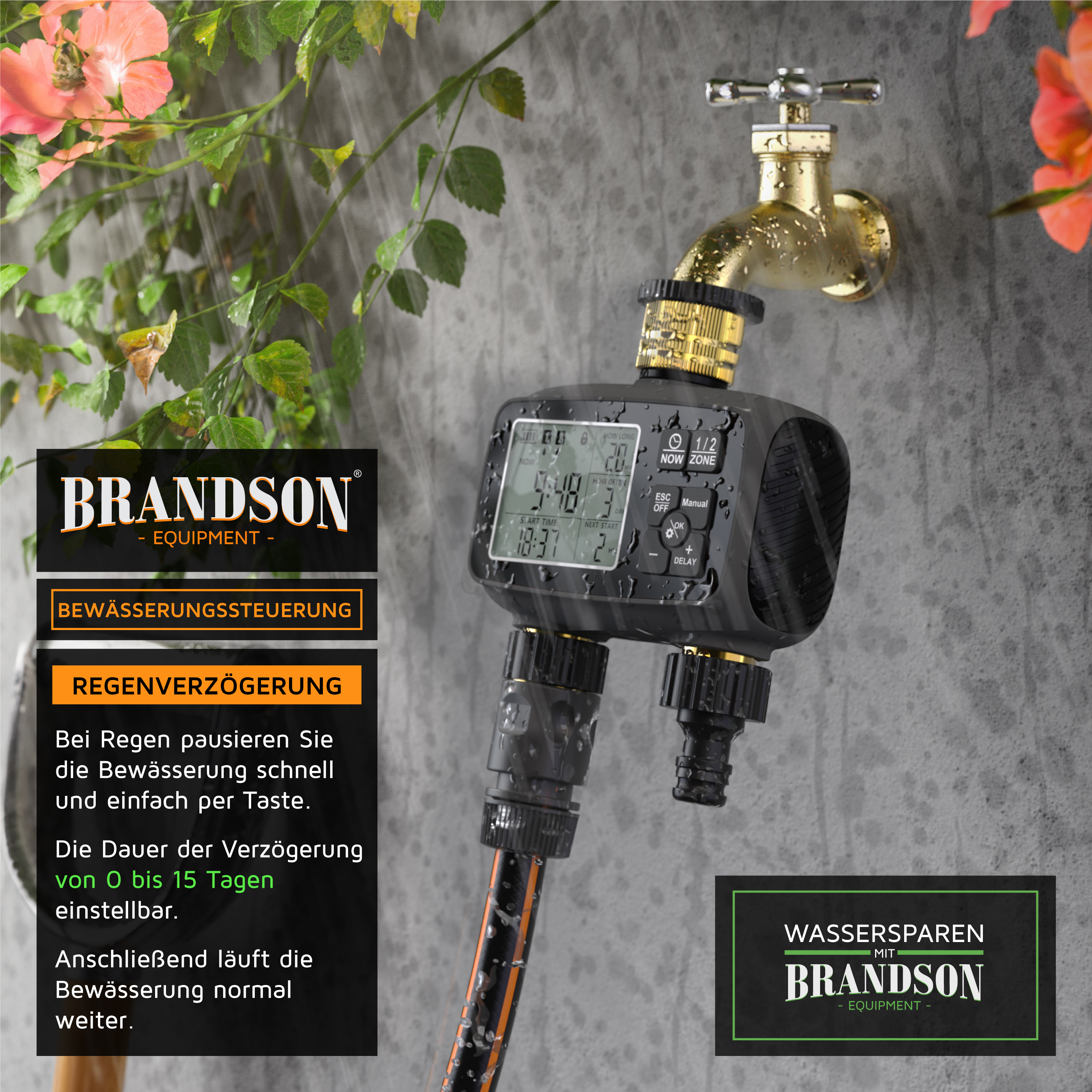 Brandson Bewässerungssteuerung mit digitalem Display, wasserdichtem Gehäuse und zwei Anschlussmöglichkeiten für Gartenschläuche.