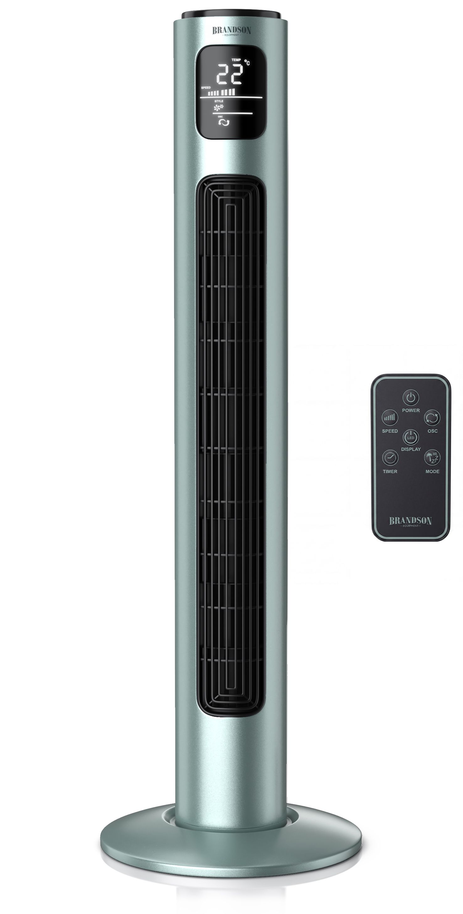 Brandson Turmventilator in Metallic-Grün mit Digitalanzeige und Fernbedienung, elegantem Design und stabilem Standfuß.