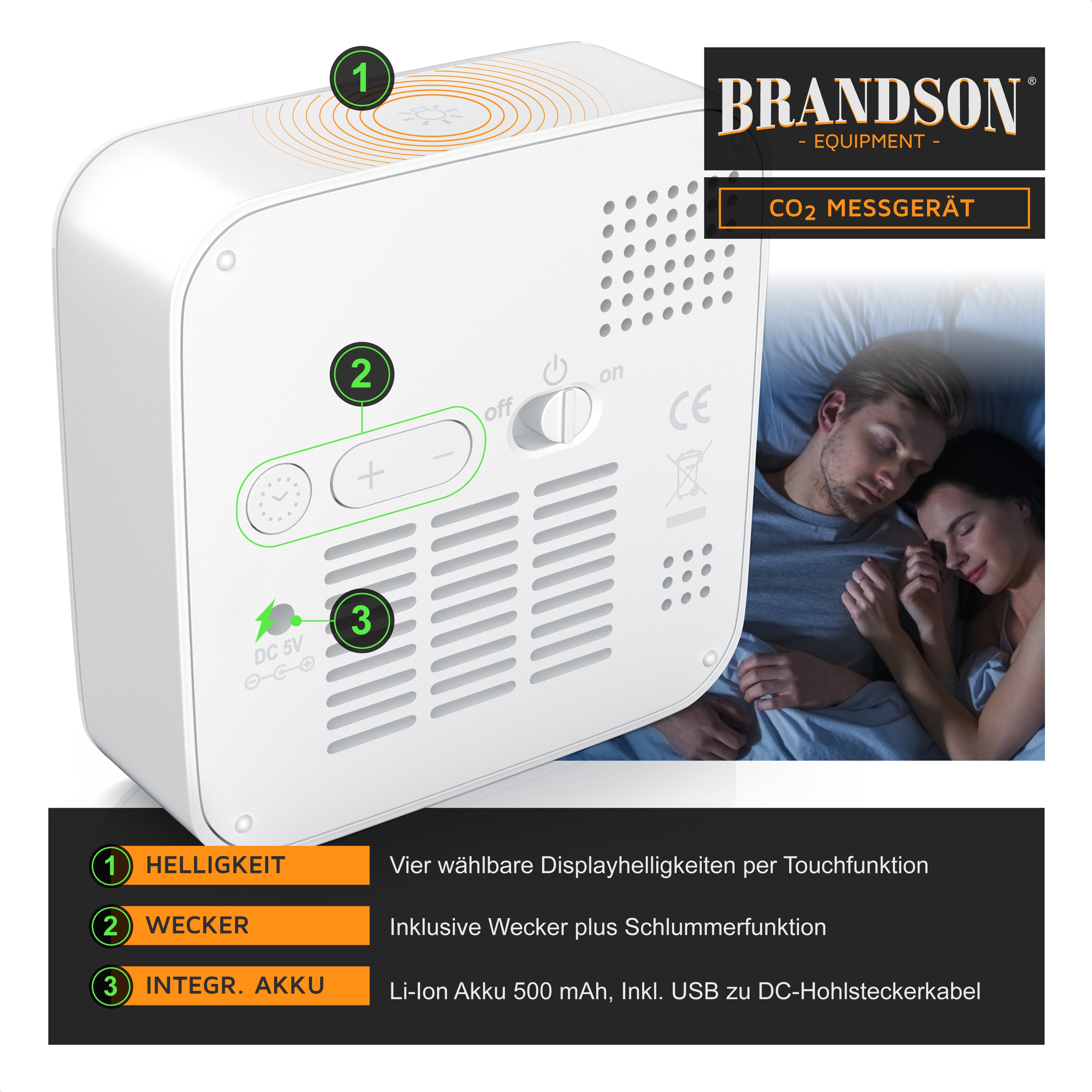 Brandson CO2-Messgerät mit Touch-Display, einstellbarer Helligkeit, integriertem Wecker und USB-Ladeanschluss, gezeigt in einer Schlafzimmerumgebung.