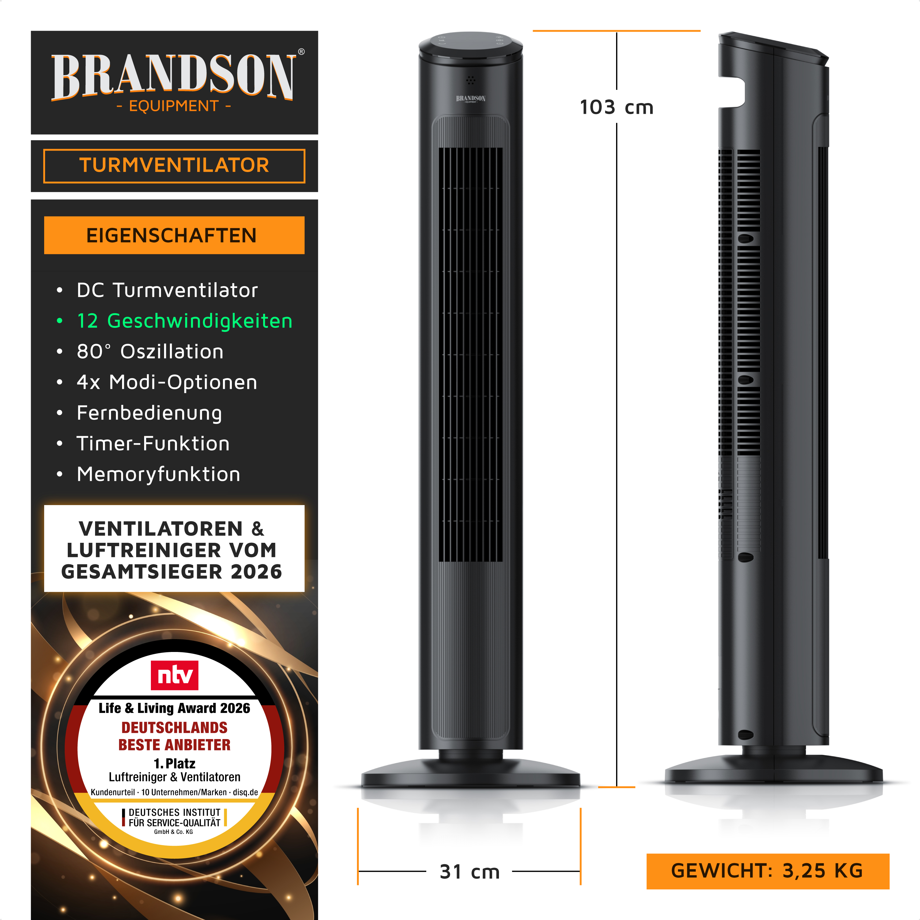 Brandson Turmventilator in Schwarz mit schlanker Bauform, Fernbedienung und Timer-Funktion, ideal für die Nutzung im Wohnbereich.