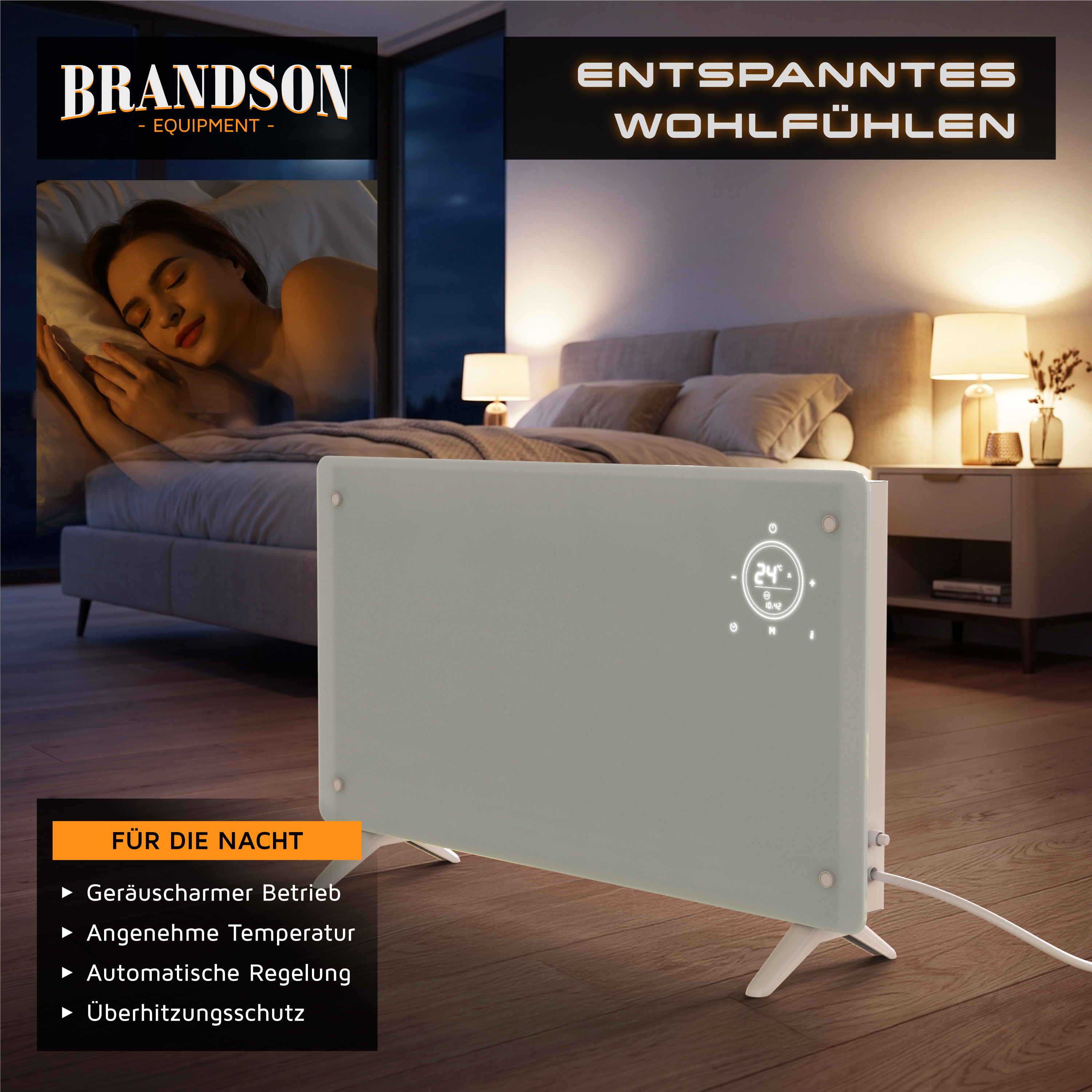 Glas-Konvektionsheizgerät von Brandson mit Digitalanzeige in einem Schlafzimmer, dargestellt in einer Lifestyle-Szene mit einer friedlich schlafenden Person.