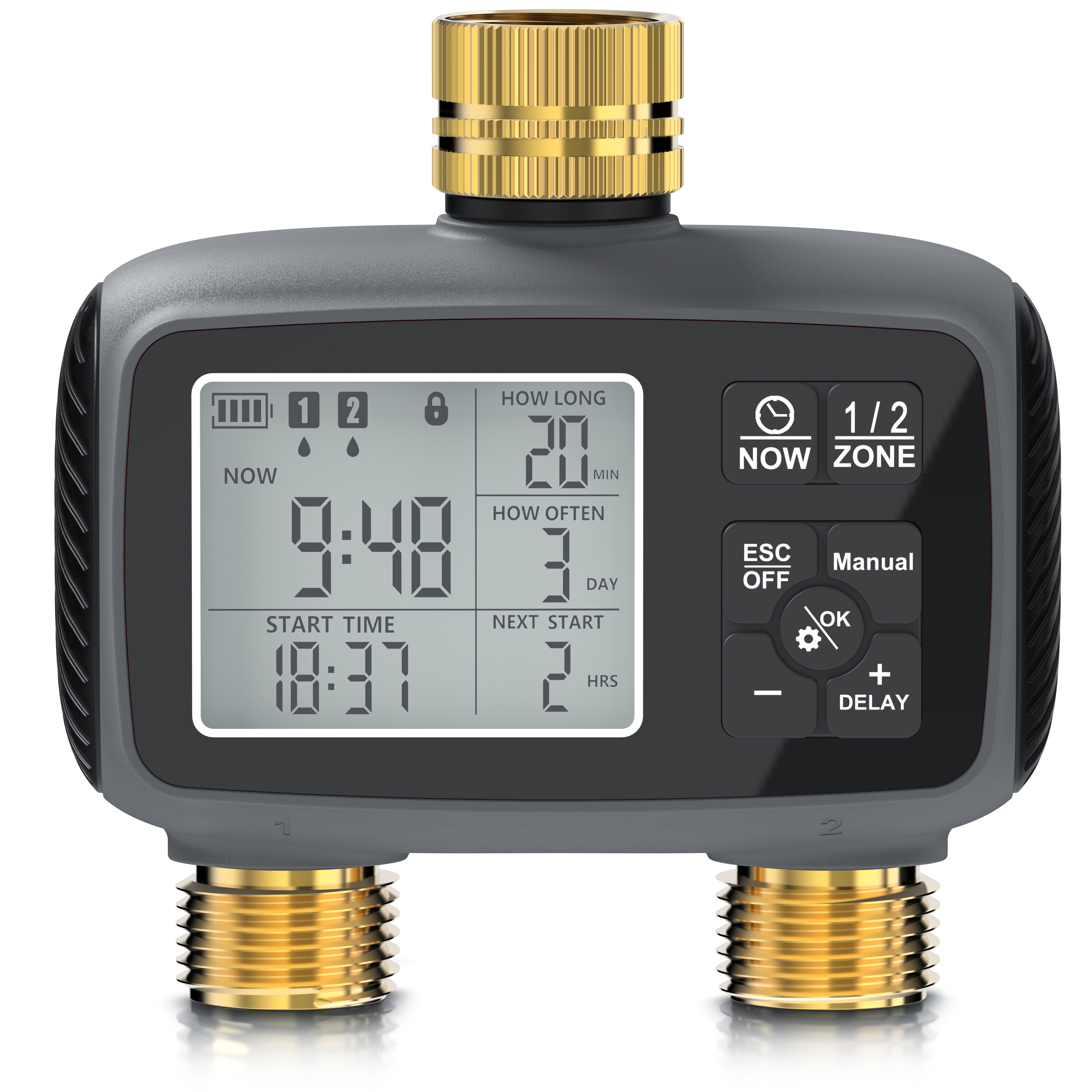 Digitaler Gartentimer von Brandson mit großem LCD-Display, goldenen Anschlüssen und Bedientasten für einfache Programmierung.
