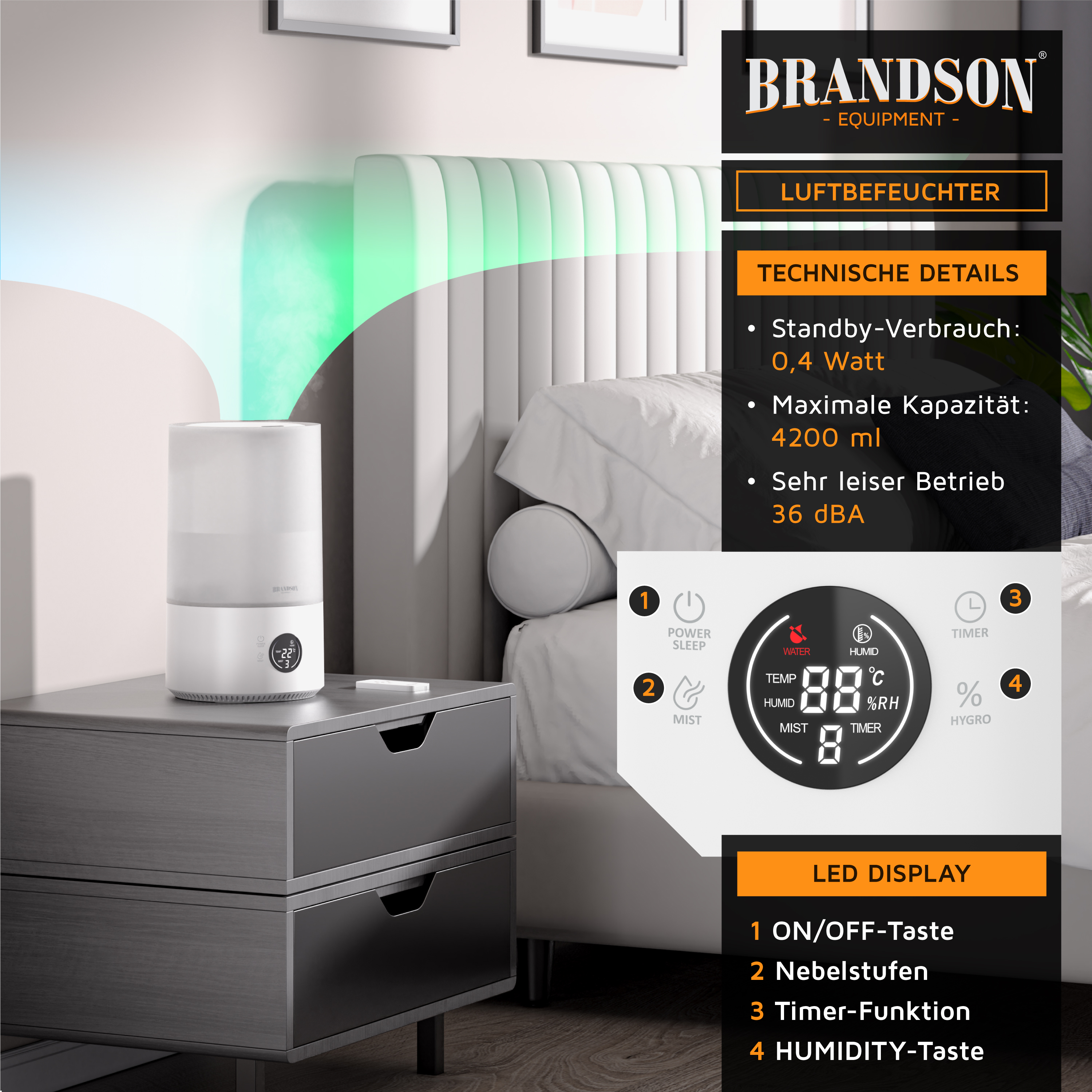 Brandson Luftbefeuchter in Weiß mit transparentem Wassertank, LED-Display und Bedienfeld auf einem Nachttisch im Schlafzimmer.
