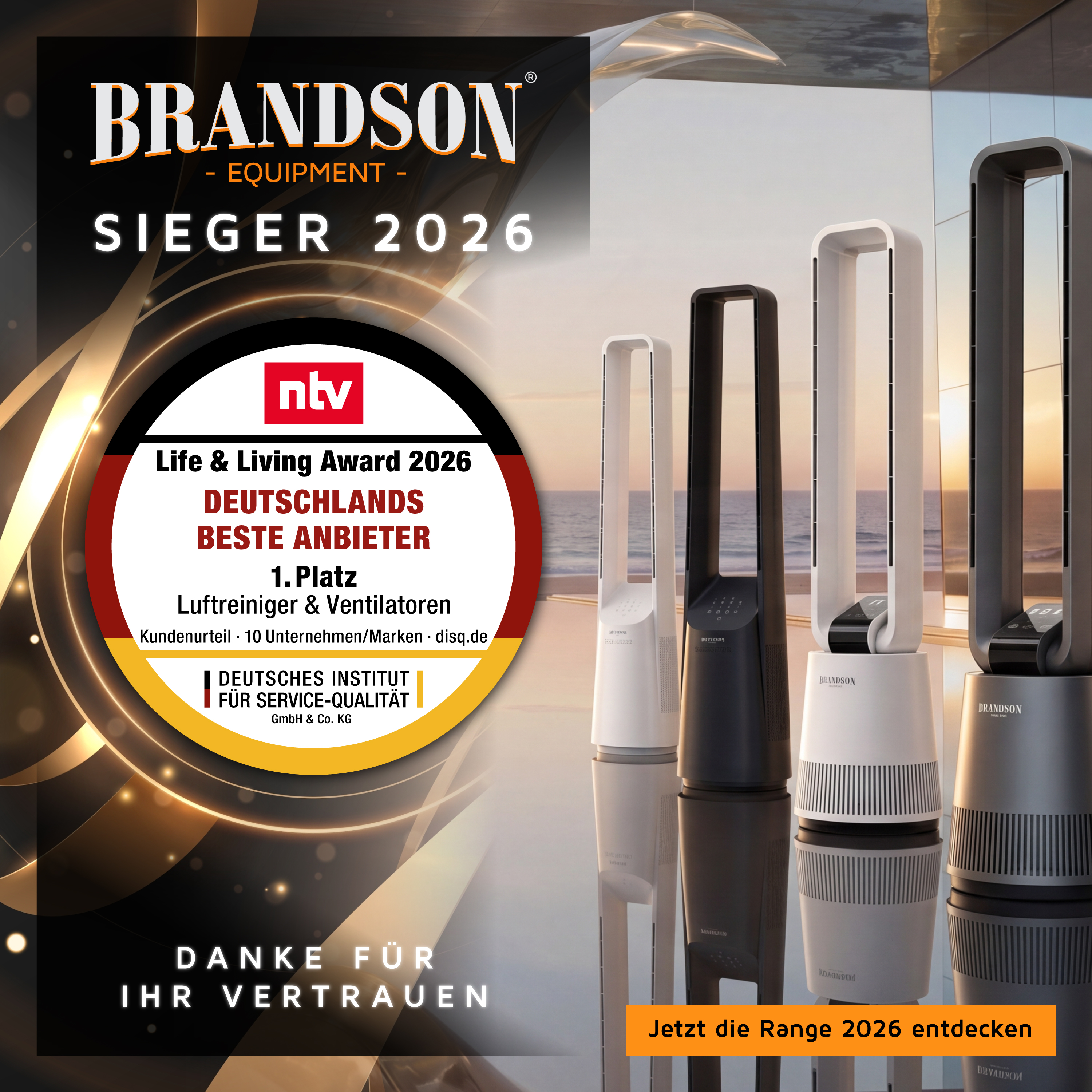 Brandson Turmventilator in verschiedenen Farben mit modernem Design, sichtbarem Bedienfeld und eleganten Standfüßen.