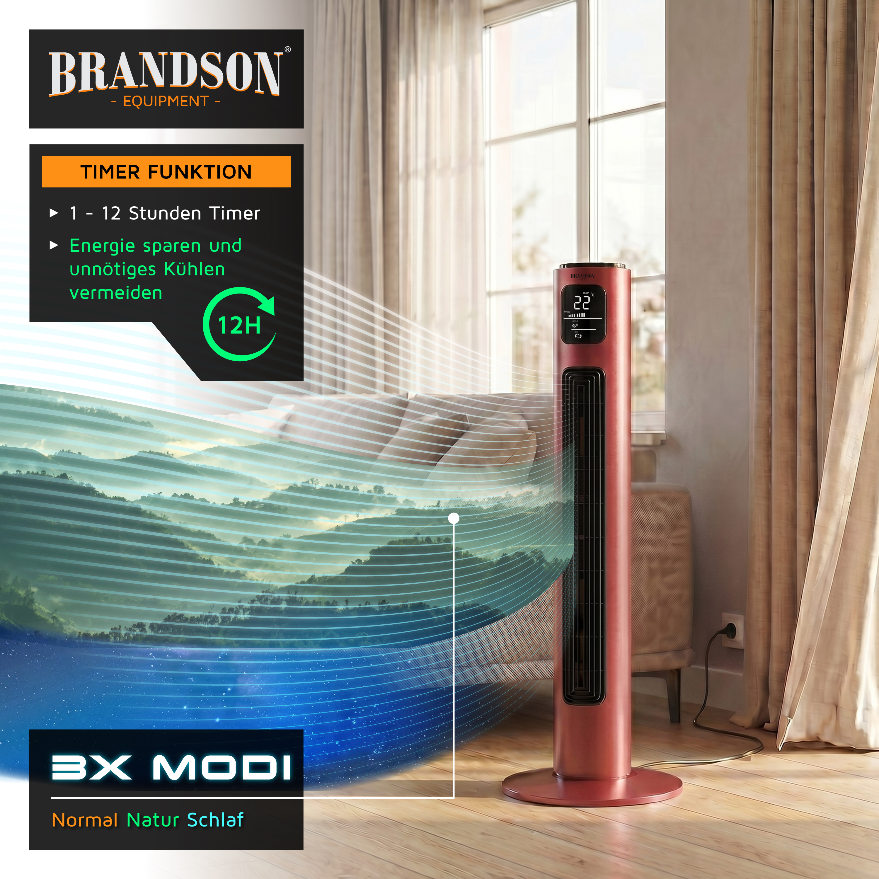 Brandson Turmventilator in Rot mit Digitalanzeige, Timerfunktion und elegantem Design, platziert in einem hellen Wohnzimmer.