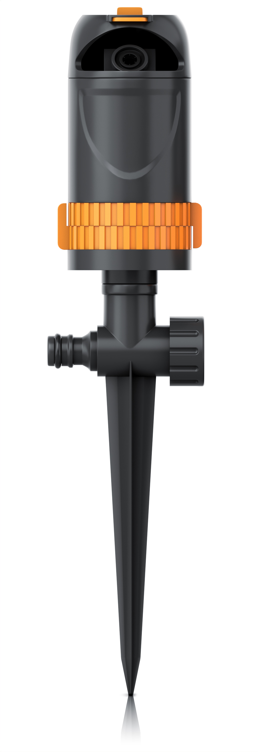 Brandson Sprinkler mit schwarzem Gehäuse und orangefarbenem Ring, ausgestattet mit einem Erdspieß zur einfachen Befestigung im Boden.
