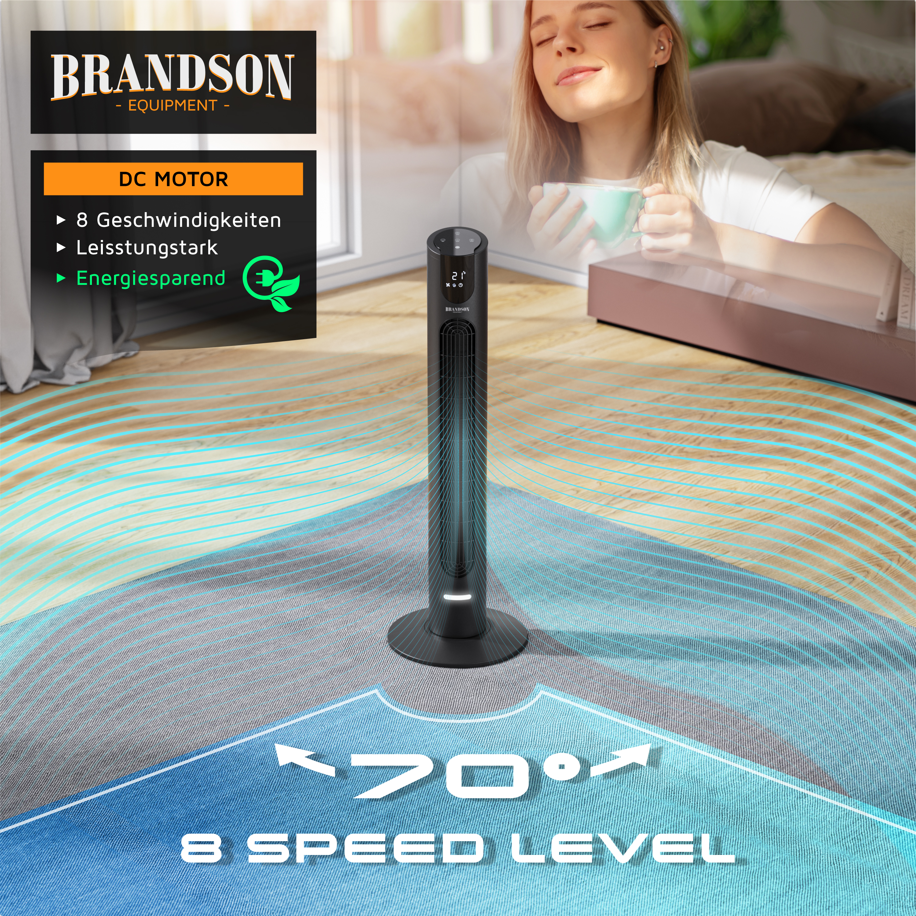 Turmventilator von Brandson mit elegantem schwarzem Design, Digitalanzeige und Fernbedienung, der 8 Geschwindigkeitsstufen und eine 70°-Oszillationsfunktion bietet.