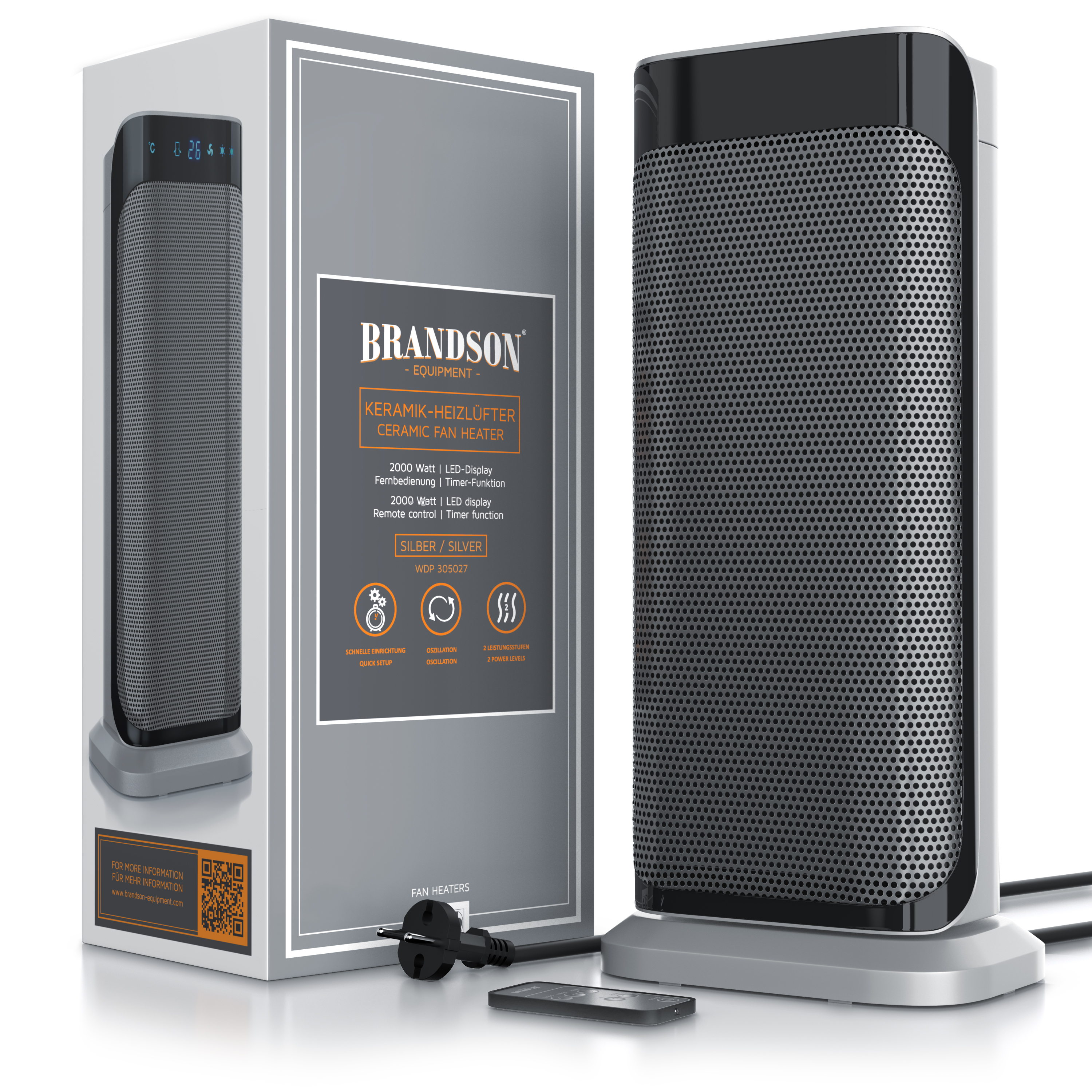 Keramik-Heizlüfter von Brandson in Silber mit LED-Anzeige, Fernbedienung und elegantem Design, angezeigt neben der Verpackung.