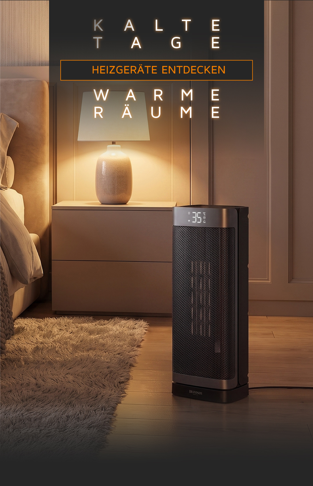 Brandson Turm-Heizlüfter mit Digitalanzeige und schwarzer Netzfront, auf dem Boden platziert in einem gemütlichen Schlafzimmer mit warmer Beleuchtung.