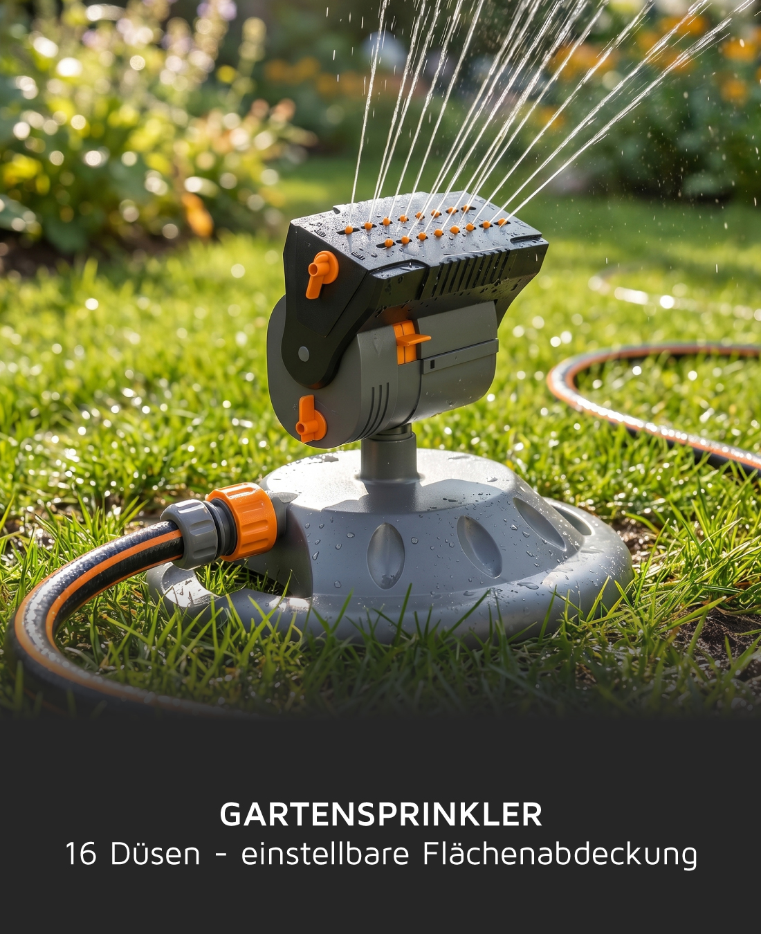 Brandson Gartensprinkler mit 16 Düsen und einstellbarer Flächenabdeckung auf grünem Rasen, ausgestattet mit einem stabilen Standfuß.