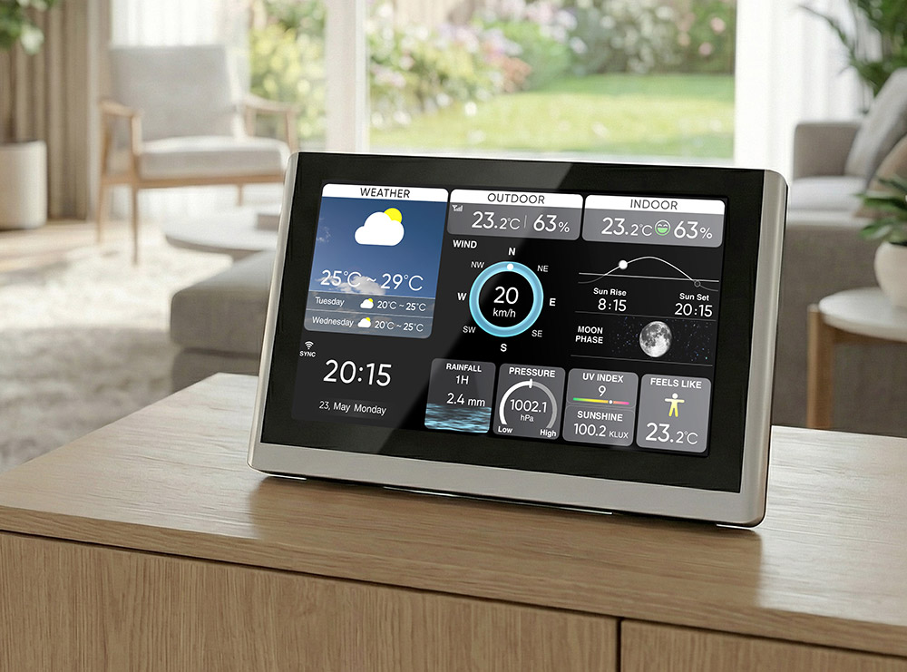 Brandson-Wetterstation mit digitaler Anzeige von Temperatur, Windgeschwindigkeit und Luftfeuchtigkeit, platziert auf einer Holzoberfläche in einem hellen Wohnzimmer.