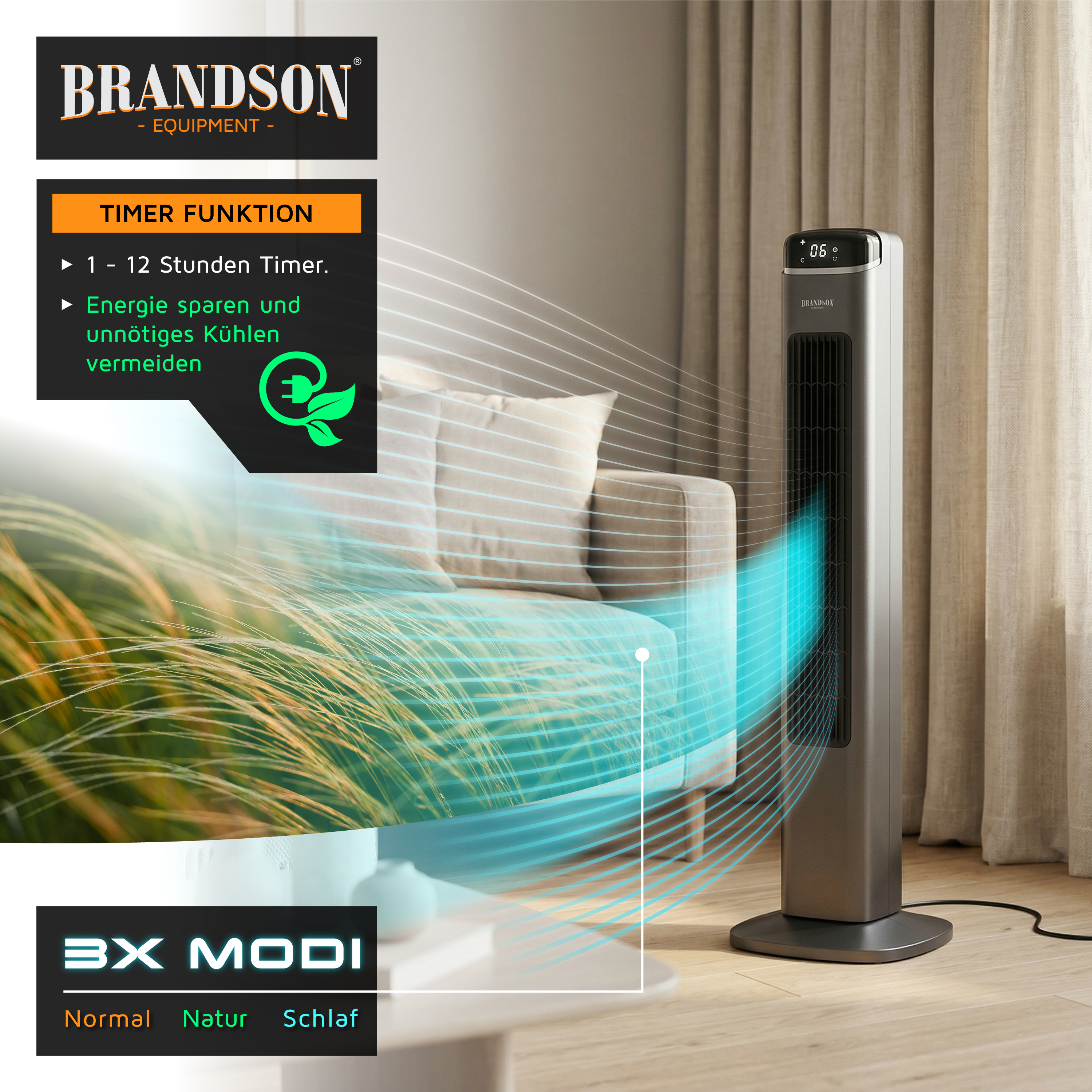 Brandson Turmventilator mit elegantem silbernen Design, Digitalanzeige und Timer-Funktion, platziert in einem gemütlichen Wohnzimmerambiente.